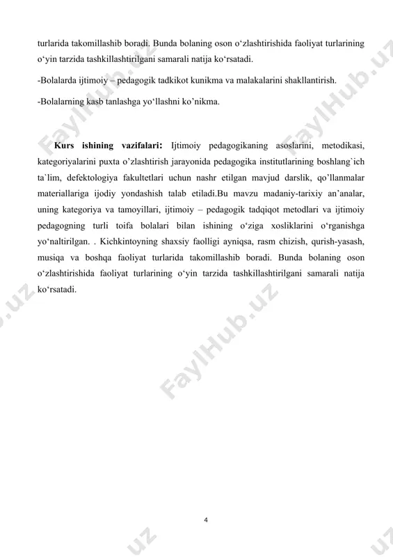 smirlarni ijodiy faoliyatga jalb qilish va shu asosda ijtimoiy faollikni rivojlantirish uchun maxsus imkoniyatlar qo'shimcha ta'lim muassasalari tomonidan taqdim etiladi.bolaning erkin ijodiy tanloviga asoslangan qo'shimcha ta'lim bolaning o'zini qiziqtirgan ijodiy faoliyatni o'zlashtirishda maksimal faolligi va qiziqishini ta'minlaydi.dastlab bola ijtimoiy chunki u iloji boricha atrofidagi odamlarga bog'liqdir. bilan tanishish ijtimoiy dunyo bola tug'ilishidan paydo bo'ladi. u zarur narsalarni qanchalik ongli va muvaffaqiyatli o'rganadi ijtimoiy hayot haqidagi bilimlar, shuning uchun bola boshqalar bilan o'zaro aloqada etarli bo'ladi. yo'l-yo'riqlar kerak tarbiyaviy ishlar shuning uchun bola o'zini ishonchli, himoyalangan, baxtli his qiladi, uni sevishini, uning oqilona ehtiyojlari qondirilganligiga ishonch hosil qiladi .kontseptsiyalarnitushunishda yaxlitlik ijtimoiy voqelik adabiyot, musiqiy, vizual materiallardan keng foydalanish hamda atrofdagi voqelikdan o'zlarining ijodiy foydalanishlari orqali erishiladi. vujudga kelishining eng muhim sharti sifatida axloqiy va axloqiy vaziyatlarni yaratish muhimdir hissiy jihatdan-haqiqatning ijodiy tajribasi. katta yoshdagi va bolaning tushunchalarni turli shakllarda birlashtirish bo'yicha birgalikdagi faoliyati muhim o'rin tutadi.bundan tashqari, shart-sharoitlar bepul va bolalarning …