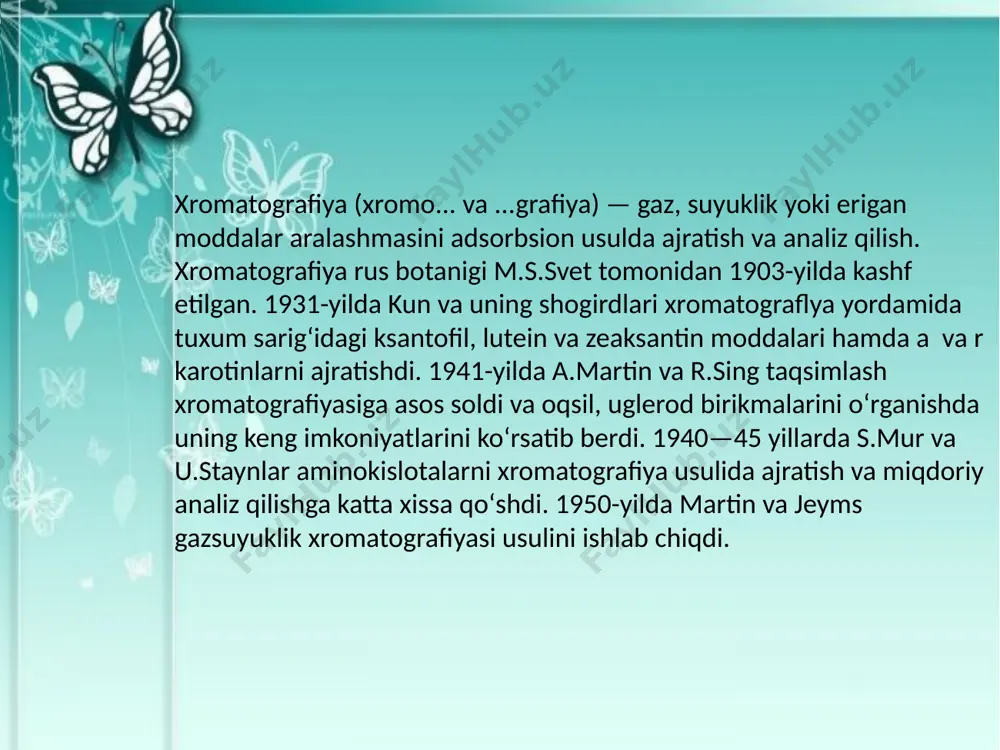 yuborilgan tekshiriluvchi moddalar elyuyent bilan birga turli vaqg oraligʻida alohidaalohida boʻlib kolonkaning chiqish tomoniga keladi va maxsus sezgir asbob — detektor yordamida uning vaqt birligidagi miqdori qayd etiladi, yaʼni egri chiziq holida yozib olinadi. bu xromatogramma deb ataladi sifat analizi vaqtida moddaning kolonkaga yuborilgandan to chiqqungacha boʻlgan vaqgi har bir komponent uchun doimiy trada bir xil elyuyentda belgilab olinadi. . miqdoriy analiz uchun esa xromatografiyadagi piklar (har bir modda uchun tegishli egri chiziq shakli) balandligi yoki yuzasi, detektorning moddaga nisbatan sezgirligini nazarga olgan holda oʻlchanadi va maxsus usulda hisoblanadi. parchalanmay bugʻ holatiga oʻtadigan moddalarning analizi va ajratilishi uchun koʻpincha gaz xromatograflyasi ishlatiladi. bunda elyuyent (gaz tashuvchi) sifatida geliy, azot, argon kabi gazlardan foydalaniladi. sorbent sifatida esa (zarralar diametri 0,1—0,5 mm boʻlgan) silikagellar, alyumogellar, gʻovakli polimerlar va boshqa ishlatiladi. gazsuyuqlik xromatografiya uchun sorbent tayyorlashda solishtirma sathi 0,5—5 m2/g li qattiq modda yuzasiga qaynash temperaturasi yuqori boʻlgan suyukliklar (uglevodorodlar, murakkab efirlar, siloksanlar …