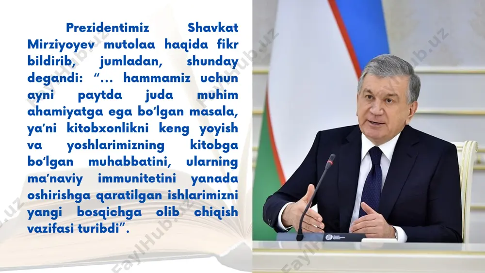 ish hamda targ‘ib qilish bo‘yicha kompleks chora-tadbirlar dasturi to‘g‘risida” pq-3271-son qarori ana shu ezgu ishlarni yangi, yanada yuksak bosqichga ko‘tarishga qaratilganligi bilan g‘oyatda ahamiyatlidir. shu bilan bir qatorda prezidentimizning 2017-yil 18-aprelda “alisher navoiy nomidagi o‘zbekiston milliy bog‘i hududida adiblar xiyobonini barpo etish to‘g‘risida”gi qarori ham imzolandi. mazkur hujjat ijrosi doirasida alisher navoiy nomidagi o‘zbekiston milliy bog‘i hududida keng ko‘lamli bunyodkorlik ishlari olib borilib, bog‘ hududi obodonlashtirildi 2017-yildan buyon muntazam ravishda o‘tkazilib kelinayotgan “yosh kitobxon” tanlovining ham barkamol avlod tarbiyasidagi o‘rni beqiyos. endilikda“yosh kitobxon” tanlovining respublika bosqichi chinakam ma’noda ma’naviyat va ma’rifat bayramiga aylanib ketdi. shuningdek, 2019-yili o‘zbekiston respublikasi prezidenti tomonidan ilgari surilgan 5 ta muhim tashabbusning to‘rtinchisi aholi, ayniqsa, yoshlar ma’naviyatini yuksaltirish, ular o‘rtasida kitobxonlikni keng targ‘ib qilish bilan bog‘liqki, aynan mana shu tashabbusni buyuklarning “bolangizga kitob o‘qishni o‘rgating, qolgan hammasini kitobning o‘zi o‘rgatadi” degan fikrlariga amaliy javob deb baholash mumkin. nihoyat 2020-yil bahorda davlatimiz rahbarining shaxsantashabbusi asosida “adiblar xiyoboni” …
