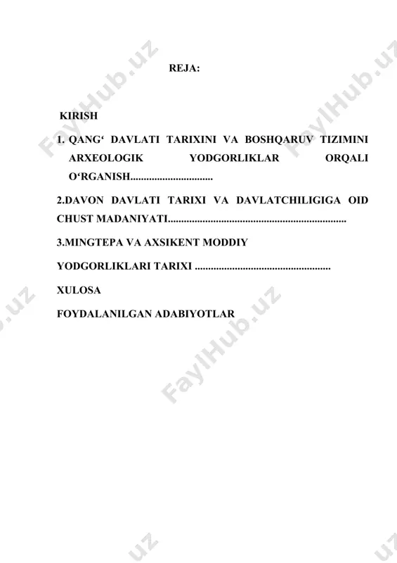 2008.-b.4.] [2: karimov i.a.tarixiy xotirasiz kelajak yoʻq. -toshkent: oʻzbekiston, 1998.- b.25] mavzuning oʻrganilish darajasi. mazkur bitiruv ishini yozish uchun koʻplab adabiyotlardan foydalanildi. tadqiqotning nazariy asosini birinchi rezidentimiz i.a.karimovning asarlari va mavzuga doir bildirgan fikr hamda nutqlari tashkil etadi[footnoteref:3].qangʻ va davon davlatiga tarixiga oid moddiy manbalarni oʻzbekistonning janubiy xududlari tarixini yoritishda tadqiqotchi olimlardan: a.asqarov[footnoteref:4] e.rtveladze[footnoteref:5], b.abdullayev[footnoteref:6], a.sagdullayev t.shirinov, u.raxmonovlarning ishlari oʻrganildi. toʻplangan ilmiy maʼlumotlar,fanga joriy etilgan dalillar oʻrta osiyo shaharlari tarixini yangi asoslarda tadqiq etish, ilmiy yondashuvlar va konsepsiyalarni umumlashtirishni dolzarb vazifalardan biriga aylantirdi. yurtimizda ilk shaharsozlik asoslarining paydo boʻlishi,shakllanish bosqichlari asosan yozuvsiz davrlarga toʻgri keladi.bu oʻrinda arxeologik maʼlumotlarning ahamiyati nihoyatda ulkan boʻlib, ilk shaharlar tarixini tadqiq etishda ulardan asl manbalar sifatida foydalanish dolzarbdir.mashhur arxeolog olim b.a.ribakovning fikricha, arxeologiyaning tarixiyligi nafaqat tarixning turli davrlaridagi voqealarni bogʻlanishi va izchilligiga qarab tasvirlabgina qolmasdan, balki qator muhim tarixiy muammolar: xoʻjalik tarixi, ijtimoiy rivojlanish tarixi, din va sanʼat, etnogenez va qadimgi qabilalar migratsiyasi tarixi, davlatchilikning …