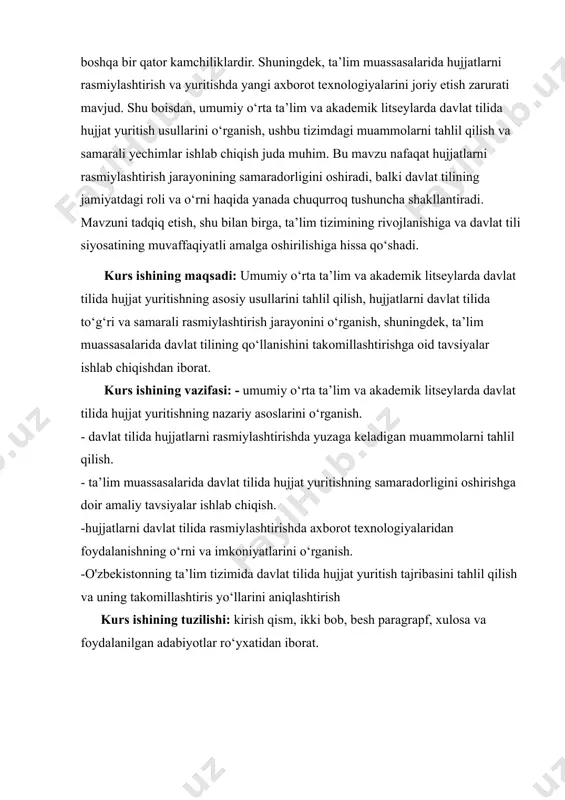 larni to’liq va tushunarli taqdim etishga yordam beradi. 3. ijtimoiy muhitda: davlat tili jamiyatdagi barcha qatlamlar uchun birlashtiruvchi vosita bo‘lib, fuqarolar o‘rtasidagi muloqotni soddalashtiradi, shuningdek, ijtimoiy va siyosiy hayotda yagona til sifatida xizmat qiladi. 4. madaniy va tarixiy ahamiyati: davlat tili, odatda, davlatning madaniyati, an’analari va tarixiy merosini aks ettiradi. u milliy kimlikni shakllantirishda va xalqning ma’naviyati bilan bog‘liq rol o‘ynaydi. davlat tili hujjatlarni rasmiylashtirishda, shuningdek, davlat organlarining qonunlar, qarorlar, me’yoriy hujjatlar, ta’lim va ilmiy ishlanmalar kabi barcha faoliyatida asosiy vosita sifatida ishlatiladi. davlat tili hujjatlar va rasmiy aloqalarda aniq, to‘g‘ri va tushunarli bo‘lishi zarur, chunki bu ijtimoiy tizimning to‘g‘ri ishlashiga ta’sir qiladi o‘zbekistonda davlat tili — o‘zbek tili hisoblanadi. o‘zbekiston respublikasi konstitutsiyasida va boshqa qonunlarda o‘zbek tilining davlat tili sifatida ma'lum qilinishi va uning davlat organlarida, ta’lim muassasalarida, sudda, davlat xizmatlarida va boshqa sohalarda qo‘llanilishi talab etiladi. davlat tili, davlat organlari va fuqarolar o‘rtasidagi kommunikatsiya, rasmiy hujjatlar, qonunlar va …
