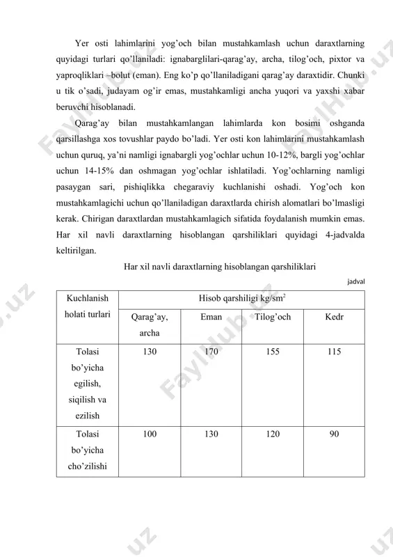 r osti sharoitida xizmat qilish muddatlari yog’och sifatiga va o’rnatilgan lahim sharoitiga bog’liq. yog’och mustahkamlagichlar toza, quruq, sovuq joylarda nam va issiq joylarga nisbatan yaxshiroq saqlanadi. qarag’aydan yasalgan mustahkamlagich og’ir sharoitda 3-6 oy, o’rtacha sharoitda 1,5-3 yil, yengil sharoitda 5yil va undan ortiq xizmat qiladi. bolut daraxtidan yasalgan mustahkamlagich xizmat qilish muddati qarag’ayga nisbatan ikki barobar ortiq. yog’och mustahkamlagichlar xizmat qilish muddati kichikligi yer osti sharoitida yog’ochlar har xil bakteriya va zamburug’lar bilan zararlanishi bilan bog’liqdir. yog’och mustahkamlagichlarning chirishi natijasida ularning mexanik xususiyatlari o’zgaradi va yuklama qabul qilish qobiliyatlari zaiflashadi. yog’och mustahkamlagich materiallarini chirishdan saqlash uchun xlorli sink, ftorli natriy suvli eritmalar bilan to’yintiriladi. to’yintirishning ikki ya’ni bosim(1,0-1,2mpa) ostida va issiq-sovuq vanna usullari bilan amalga oshiriladi. to’yintirilgan yog’och mustahkamlagichlar xizmat qilish muddati 2-3 barobar, yuklama qabul qilish qobiliyati esa 3-5 marotaba yuqori bo’ladi. yog’och mustahkamlagichlarning yong’indan xavfsizligini oshirish uchun ularning tuzuvchi qismlarini maxsus modda bilan to’yintirish, sochma beton bilan qoplash …
