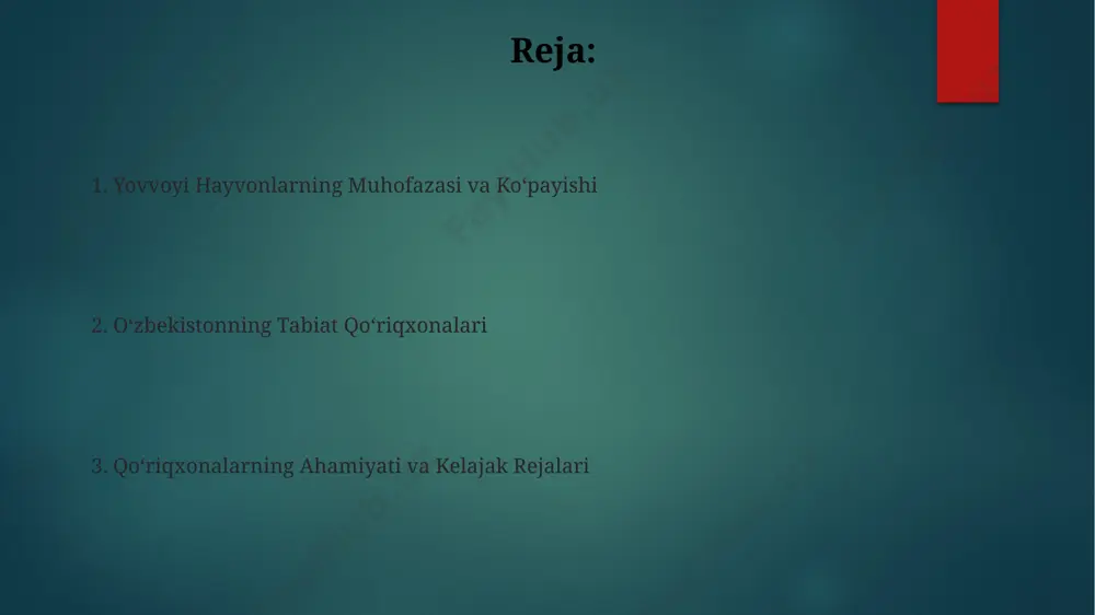 ududlar noyob hayvonlarni asrash va ko‘paytirishda muhim rol o‘ynaydi. tabiat qo‘riqxonalarining umumiy maydoni 5 milliondan ortiq gektarni tashkil etib, bioxilma-xillikni saqlash va ekologik muvozanatni ta’minlashda katta ahamiyatga ega. xalqaro hamkorlik xalqaro hamkorlik doirasida 20 dan ortiq mamlakat bilan 100 ga yaqin qo'shma loyihalar amalga oshirilgan bo'lib, ularning asosiy qismi noyob hayvonlarni muhofaza qilish va ko'paytirishga qaratilgan. jahon yovvoyi tabiat fondining (wwf) hisobotiga ko'ra, xalqaro hamkorlik natijasida zaamin davlat qo'riqxonasi 50% ga yaqin biologik xilma-xillikni oshirgan. jamoatchilik bilan ishlash "jamoatchilik bilan ishlash" strategiyasi doirasida ekologik tarbiya dasturlari orqali 10 000 dan ortiq yosh avlod vakillariga tabiatni asrashning ahamiyati tushuntirildi. “jamoatchilik bilan ishlash” doirasida 20 dan ortiq mahalliy qo'riqxona xodimlari va 500 dan ziyod gönüllü ekologiya faollari bilan hamkorlikda tabiatni muhofaza qilish tadbirlari amalga oshirilmoqda. kelajakdagi rejalar kelajakdagi rejalarga ko'ra, 2030-yilgacha 5 ta yangi tabiat qo'riqxonasi tashkil etilib, ularning umumiy maydoni 1 million gektardan oshadi, bu noyob hayvonlar populyatsiyasini ko'paytirishga yordam beradi. …
