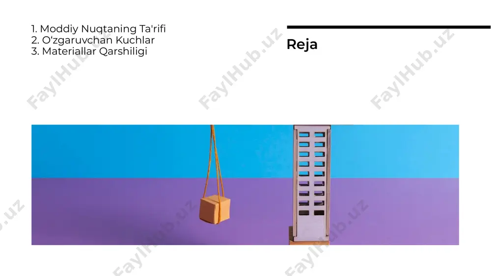 qarshiligi, muhandislik va materialshunoslik sohalarida katta ahamiyatga ega. ular materiallarning ishlash qobiliyatini va mustahkamligini ta'minlaydi. tahlil usullari materiallar qarshiligi va o‘zgaruvchan kuchlar ta'sirini tahlil qilish uchun eksperimental va nazariy usullar qo‘llaniladi. bu usullar, materiallarning xususiyatlarini o‘rganish va ularni takomillashtirishga yordam beradi. materiallar qarshiligi va o‘zgaruvchan kuchlar ta'sirini aniqlash uchun model va simulyatsiya usullari qo‘llaniladi. bu usullar, materiallarning xususiyatlarini o‘rganishga yordam beradi. model va simulyatsiya materiallar o‘zgaruvchan sharoitlarda, masalan, harorat va namlik ta'sirida, o‘z qarshilik ko‘rsatish qobiliyatini o‘zgartiradi. bu jarayonlar materiallarning ishlash xususiyatlariga ta'sir qiladi. o‘zgaruvchan sharoitlar kuchlar materiallarga ta'sir etganda, ular materialning ichki tuzilishi va mexanik xususiyatlariga ta'sir qiladi. bu jarayonlar materiallarning qarshilik ko‘rsatish qobiliyatini belgilaydi. kuchlar va materiallar kelajakdagi tadqiqotlar materiallar qarshiligi va o‘zgaruvchan kuchlar ta'siri bo‘yicha kelajakdagi tadqiqotlar, yangi materiallar yaratish va ularning qarshilik ko‘rsatish qobiliyatini oshirishga qaratilgan. bu sohada innovatsiyalar muhimdir. mexanikaning asosiy masalalaridan biri — moddiy nuqtaning berilgan kuchlar ta’sirida qanday harakatlanishini o‘rganishdir. agar nuqtaga ta’sir …