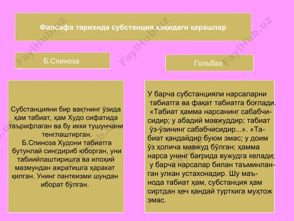 даражаси; бутун олам даражаси. материя (моддий борлиқ) материя тузилиши элиментлари * акс этиш – моддий тизимларнинг ўз-ўзида у билан муносабатга киришувчи бошқа моддий тизимларни ишлаб чиқиш қобилияти. акс этишнинг моддий исботи изларнинг қолишида намоён бўлади (бир моддий объектнинг иккинчи моддий объектда): инсон оёқ кийимидаги тупроқ излари, тирналишлар, акс садо, кўзгуда ва сув ҳавзаларининг силлиқ юзасида жисмларнинг акс этиши. физикавий кимёвий механик биологик биологик акс этишнинг даражалари сезувчанлик таъсирчанлик психик акс таъсир онг – акс этишнинг энг юқори даражаси. материалистик концепцияга мувофиқ онг – юксак ташкил этилган материяни акс эттириши. инъикос материянинг хоссаси сифатида * дунёнинг бирлиги дунёнинг ранг-баранглиги дунёнинг чеклилиги дунёнинг боқийлиги дунёнинг чексизлиги дунёнинг ўзгарувчанлиги дунё * геоцентрик дунё - бу шундай дунёки атрибут- лари универсал мазму- нининг, инсон танаси мавжудлик шарт-шаро- итларида намоён бўлув- чи атрибутларнинг уни- версал мазмунига мос келишидир атрибутларнинг уни- версал мазмуни инсон танасининг мавжудлик шарт-шароитларида намоён бўлувчи атри- бутларнинг универ- сал мазмунидан фарқ қилувчи …