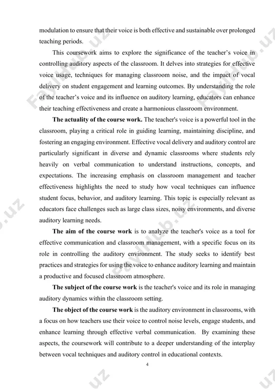 s role as a vocal and authoritative figure in the classroom. it examines psychological and cognitive perspectives, pedagogical frameworks, the role of the teacher's voice in facilitating auditory learning, based on educational theories like gardner’s multiple intelligences (emphasizing auditory learners) and vygotsky’s sociocultural theory (highlighting the teacher's role in scaffolding learning). by linking vocal delivery with established educational theories, the study provides a deeper understanding of the teacher’s role in auditory engagement. the task of investigation. we have set ourselves to achieve the following tasks forward: - examine how vocal elements such as tone, volume, pitch, and modulation contribute to maintaining attention and engagement in the classroom; - investigate methods to improve vocal clarity, sustainability, and impact. the scientific novelty of the course work. the scientific importance of the coursework is rooted in its exploration of the physiological, psychological, and acoustic aspects of the teacher’s voice. the study investigates voice …
