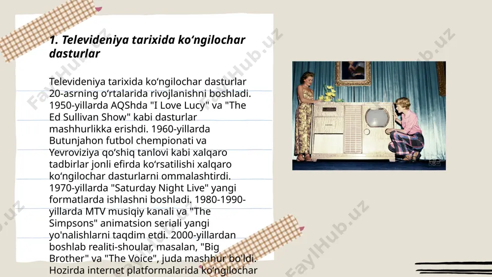 va shoularni taklif qilmoqda. ... t.me/slaydai_bot "oʻyin shoulari va tomoshabin ishtiroki” mavzusi oʻyin koʻrsatuvlarining mashhurligini va ulardagi tomoshabinlarning rolini koʻrsatadi. oʻyin shoulari televizorda ommalashib bormoqda va koʻpincha auditoriya ishtirokchini yaqinroq jalb etishni talab qiladi. masalan, “milionar” kabi dasturlar tomoshabinlardan javoblar berish yoki maslahatlar soʻrash uchun foydalanadi. statistik ma'lumotlar shuni koʻrsatadiki, 70% tomoshabinlar ushbu shoularda faol ishtirok etish orqali koʻrsatuv ko'proq qiziqtiradi. o'yin shoularida tomoshabin ishtiroki darajasi, shuningdek, ularning uzoq muddatli reytinglarini 20% gacha oshirishga yordam beradi. bu koʻrsatuvlarning davomiyligi va tomoshabin qiziqishida muhim omil hisoblanadi. ... t.me/slaydai_bot 7. televideniya orqali tashkil etiladigan tanlovlar televizor orqali tashkil etiladigan tanlovlar ko'plab tamaddun va ijodiy ko'nikmalarni namoyon etadi. turli janrlardagi tanlovlar, masalan, qo'shiq, raqs, intellektual o'yinlar va kulgili shoular, millionlab tomoshabinlarni jalb qiladi. o'zbekiston televideniyesida o'rin olgan shunday mashhur tanlovlardan biri "yoshlar ovozi" qo'shiq tanlovi bo'lib, uni har yili yuz minglab tomoshabinlar kuzatadi. statistikaga ko'ra, o'zbek tanlovlarida ishtirokchilar soni oʻrtacha 50-100 oraligʻida boʻladi. …