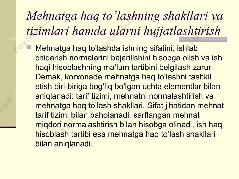 hiqilgan o’rtacha oylik mukofotlar summasi qo’shiladi. vaqtbay haq oladigan shaxslarga nafaqa hisoblash uchun oylik oklad, ishga qobiliyatsizlik boshlangan kungacha olingan doimiy qo’shimcha haqlar inobatga olingan holda, kunlik yoki soatlik tarif stavka olinadi. bunga «davlat ijtimoiy sug’urtasi bo’yicha nafaqa tayinlash va to’lash tartibi to’g’risidagi nizom» ga binoan hisoblab chiqilgan o’rtacha oylik mukofotlar summasi qo’shiladi. ish haqidan ushlab qolinadigan ajratmalar va to’lovlar korxonalarda ishchi va xodimlarga hisoblangan ish haqidan budjet va budjetdan tashqari to’lovlar uchun ma’lum majburiy soliqlar hamda boshqa majburiy to’lovlar amalga oshiriladi. ayrim holatlarda o’zbekiston respublikasi mehnat kodeksiga binoan umumiy qoidaga ko’ra, xodimning yozma roziligi bilan bunday rozilik bo’lmagan taqdirda esa - sudning qaroriga asosan ish haqidan ushlanmalar ushlab qolinishi mumkin. bunda quyidagi holatlarda xodimning roziligidan qat’i nazar, mehnat haqidan ushlab qolinadi: a) o’zbekiston respublikasida belgilangan soliqlar va boshqa majburiy to’lovlarni undirish uchun; b) sudning qarorlari va boshqa ijro hujjatlarini ijro etish uchun; v) ish haqi hisobidan berilgan avansni ushlab …