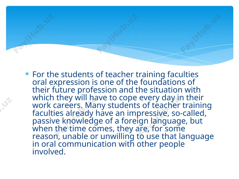them to be time-aware, to divide the time meant for a presentation well, to have the introduction, the main part and the conclusion. the students must not exceed the time limit given for any of these parts. the length of presentation is also very important: if it is too short, it can not cover all the aspects of the topic, and a too long presentation will certainly bore the students. 9) oral presentation makes presenters pay attention to their posture, voice, gestures and interaction with the audience. the presenters should avoid being hesitant or losing control. in a study by otoshi and heffernan learners identified the following as important when making oral presentations: 1. clarity of speech and voice quality 2. correctness of language 3. interaction with the audience. that, again, is something that students future teachers will deffinitely need in their future work. what are the weak points of …