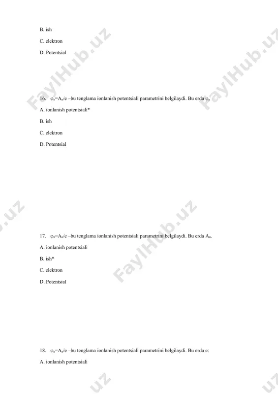 rtsional va …….ga teskari proportsionaldir: a. induktiv qarshilik b. o'ziga xos qarshilik c. kuchlanish * d. to'liq qarshilik 59.quvvat birligi nima ? a. om b. amper c. volt *d. vatt 60.1 soniyada 1 kulon zaryadining oqimi quyidagicha tavsiflanadi … * a. 1 amperlik tok kuchi b. 1 v elektr kuchlanishi b. 1 j da energiya g. 1 vatt quvvat 61.qaysi moddalar kamroq elektr qarshiligiga ega ? a. o’kazgichlar va dielektriklar b. elektrolitlar va gazlar *c.o’kazgichlar va elektrolitlar d. dielektriklar va gazlar 62.qaysi moddalar eng katta elektr qarshiligiga ega ? a. supero'tkazuvchilar va dielektriklar b. elektrolitlar va gazlar c. supero'tkazuvchilar va elektrolitlar *d. dielektriklar va gazlar 63.moddaning elektr o'tkazuvchanligi nima ? a.qarshilikka mutanosib qiymat *b.qarshilikka teskari proportsional qiymat c.qiymat oqim kuchiga teskari proportsionaldir d. to'g'ri javob yo'q 64.moddaning solishtirma qarshiligi nima ? a. birlik uzunligiga qarshilik qiymati b. birlik maydoniga qarshilik miqdori *c. birlik hajmdagi qarshilik qiymati d. to'g'ri javob yo'q …