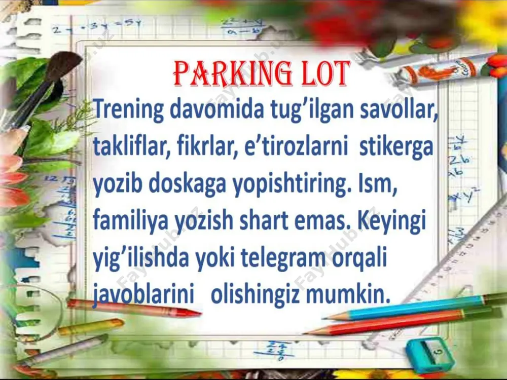ch kim so’rovnoma ta’tilda o’tkazilgani uchun 36 tadan 16 ta o’quvchi ishtirok etgan qaysi fanni juda yoqtirasiz? javoblar: 10ta : matematika 4 ta: ingliz tili 1 ta: tanlolmadim ikkita fan, matematika va ingliz tili 1ta: yoqtirgan fanim yo’q 16 ta o’quvchi ishtirok etgan dadangiz bilan bir kunda necha marta sirlashasiz? javoblar: 1 ta : sirlasha olmayman (mubina) 4ta: 2 mahal 5 ta: 1 mahal 4ta: eslolmayman 1 ta : hech qachon (mirziyo) 16 ta o’quvchi ishtirok etgan onangiz bilan bir kunda necha marta sirlashasiz? javoblar: 12 ta: juda ko’p 1ta: doim dadamga aytaman (a.muhammadyusuf) 1ta: juda kam (muslim) 2 ta : sirlashmayman (v.madina, mirziyo) 16 ta o’quvchi ishtirok etgan onangiz qaysi taomni eng zo’r pishiradilar? javoblar: 5 ta: norin 1ta: norin va osh 2ta: paramach 1 ta :osh, qotirma 1ta osh,chuchvara 1 ta:makaron, mastava 1ta: esimda yo’q (orifjon) 2ta: tort va salat 1 ta: pitsa 16 ta o’quvchi ishtirok etgan …