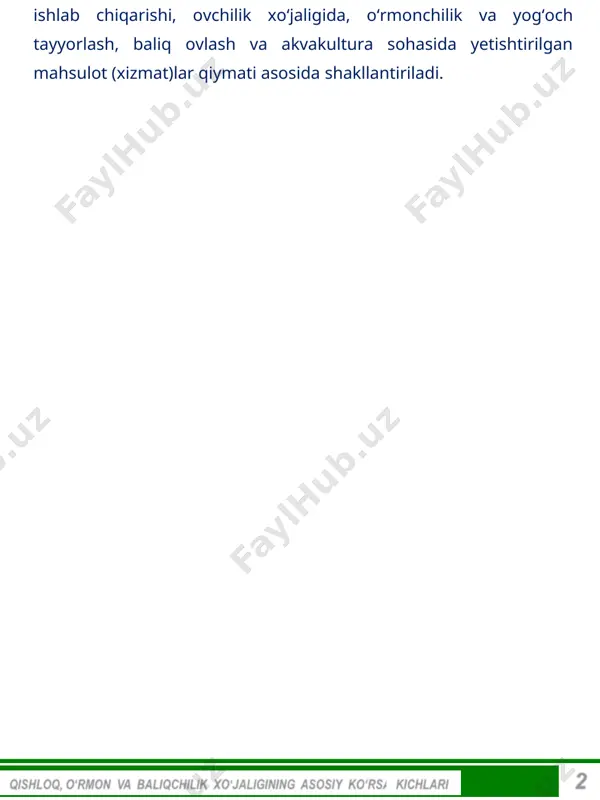 i tarmog‘ining yaim (yaqq) tarkibidagi ulushi, % da ( qoraqalpog‘iston respublikasi 30,4 )andijon jizzax navoiy ( surxondaryo 48,7 )samarqand ( toshkent 22,4 )sirdaryo farg‘ona 38,3 49,2 13,9 39,6 39,2 35,5 yalpi hududiy mahsulot tarkibida qishloq, o‘rmon va baliqchilik xo‘jaligining ulushini hududlar kesimida tahlil qilar ekanmiz, eng yuqori ulush jizzax (49,2 %), shuningdek surxondaryo (48,7 %) viloyatlariga to‘g‘ri kelsa, aksincha kam ulushga ega hududlarga navoiy (13,9 %) va toshkent (22,4 %) viloyatlarini keltirib o‘tish mumkin. ( qashqadaryo 41,9 ) ( namangan 41,0 ) ( xorazm 45,1 ) ( yaim (yaqq) tarkibidagi ulushi 24,3 % 75,7 % qishloq, o‘rmon va baliqchilik xo‘jaligi boshqalar )2023- yilning yanvar-dekabr oylari yakunlariga ko‘ra, yalpi ichki mahsulot (yaim) (yalpi qo‘shilgan qiymat (yaqq)) tarkibida qishloq, o‘rmon va baliqchilik xo‘jaligining ulushi 24,3 % ni tashkil qildi. ma’lumot uchun: 2022- yilda yaim (yaqq) tarkibida qishloq, o‘rmon va baliqchilik xo‘jaligining ulushi 24,9 % ni tashkil qilgan. ( umumiy hajmni hududlar bo‘yicha …