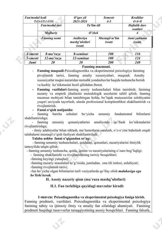 va eksperimental psixologiya fani tarixi. fanning rivojlanish tarixi va bu jarayondagi psixodiagnostik tajriba tarixidan lavhalar. psixotadqiqotlar sohasi sifatida rivojlanishining tarixi.eksperimental labaratoriyalar va ularning talablari, ochilishi, faoliyat mazmuni. psixodiagnostik bilimlar taraqqiyotidan lavhalar va ularning psixologiya sohasini rivojlanoshidagi ahamiyati. . 3-mavzu. psixodiagnostik tekshiruvda qo’llaniladigan asosiy metodikalar. metod va metodika xaqida tushuncha. standartlashtirilga va eksperiment(klinik) metodlarning asosiy farqlari. test standartlashtirilgan psixodiagnostik metod sifatida. test turlari va ularning mazmuni. so’rov metodi va uning asosida ishlab chiqariladigan asosiy metodikalar. so’rovnomalar turlari. 4-mavzu. psixodiagnostik tekshiruv jarayonlariga qo’yiladigan talablar.. validlik-psixodiagnostik metodikalarning asosiy xususiyatlarida biri sifatida. validlikning asosiy turlari vaularning mazmuni va ularni aniqlash usullari. ishonchlilik-psixodiagnostik metodlarning asosiy psixometrik ko’rsatkishi sifatida. ishonchlilik turlari va ularni aniqlash usullari. psixodiagnostik metodikani va tekshiruv natijalarini standartlashtirish muammosi. psixodiagnostik tekshiruvda tanlanma to’plam reprezentativligi muammosi. 5-mavzu. bilish jarayonlari psixodiagnostikasi diqqat psixodiagnostikasi.diqqat psixodiagnostikasida korrektur sinov va gorbuv shol’te jadvallaridan foydalanish masalalari. diqqat psixodiagnostikasi uchun intellect testlarining ayrim subtestlaridan foydalanish imkoniyatlari.xotira psixodiagnostikasi uchun mo’ljallangan(d.veksler xotira …
