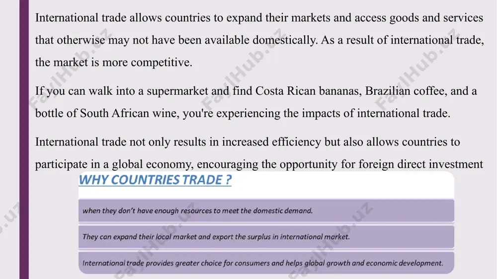e in driving economic growth by enabling countries to specialize in their comparative advantages, access a wider variety of goods and services, and foster innovation through competition. trade encourages investment, increases efficiency, and contributes to higher gdp growth.however, trade barriers such as tariffs, quotas, and non-tariff restrictions can slow economic expansion by limiting market access, raising costs for consumers and businesses, and reducing global competitiveness. image1.png image2.png image3.png image4.png image5.tmp image6.png image7.png /docprops/thumbnail.jpeg
