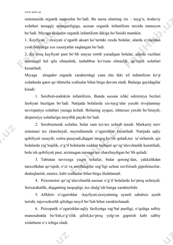 ng tarqoqligi, tez chalg‘ish bunga xarakterlidir. 5. affektiv o‘zgarishlar –kayfiyati,ruxiyatining aytarli sababsiz aynib turishi, tajovuzkorlik qilishga moyil bo‘lish bilan xarakterlanadi. 6. psixopatik o‘zgarishlar-aqliy faoliyatga rag‘bat pastligi, o‘qishga salbiy munosabatda bo‘lish,o‘g‘rilik qilish,ko‘proq yolg‘on gapirish kabi salbiy xislatlarni o‘z ichiga oladi. 7. epileptik buzilishlar-xar-xil ko‘rinishda tutqanoq tutib turishi bilan namoyon bo‘ladi. 8. apatik-adinamik buzilishlar-tashabbuskorlik pasayishi, aqliy faoliyati sustligi,xaddan tashqari emotsional bo‘shanglik bilan xarakterlanadi. ruxiy rivojlanishi suslashganlikning serebral shakli miya shikastlanishlarilari, miningit, miningoinsifalit, gidrotsefaliya va boshqa kasalliklar natijasi bo‘lib xisoblanadi. rrs gan bolalarni o‘qishi pasayib ketadi, biroq bu xolat o‘z vaqtida va to‘g‘ri aniqlansa, bolalarga tegishli yordam tashkil etilsa, ular ommaviy maktab dasturini o‘zlashtira oladilar. ruxan rivojlanish kamchiliklarining ba’zi bir shakllarida, bolalarni vaqti vaqti bilan maxsus psixonevrologik sanatoriyalarda davolash foydalidir. sanatoriyada bola kollektiv ishiga asta-sekinlik bilan jalb etiladi. unda charchash alomatlari paydo bo‘lganda, u o‘quv mashxulotlaridan vaqtincha ozod etiladi yoki unga soddaroq vazifalar beriladi. sanatoriyadan davolanib qaytganlaridan so‘ng, bola o‘qishni o‘z maktabida davom …