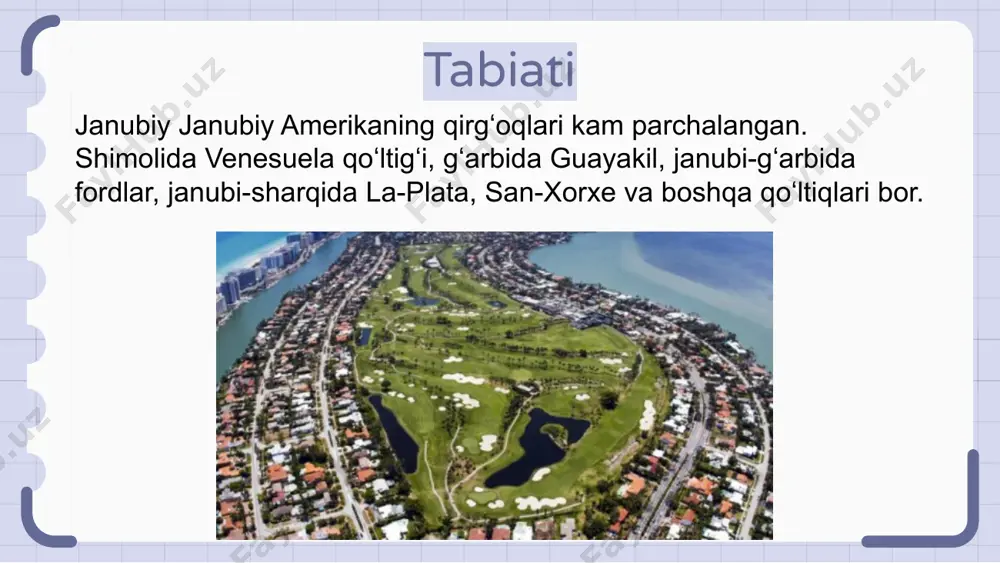 ar kuni ochiq va ochiq xalqqa aylanadigan san'at ko'rgazmasi ham mavjud. janubiy janubiy amerika turizmiga kirish janubiy amerika turizmi nyu-york va los-anjeles kabi gavjum shaharlardan tortib katta kanyon va yelloustoun milliy bog'i kabi tabiiy mo''jizalargacha bo'lgan turli xil diqqatga sazovor joylarni taklif etadi. tashrif buyuruvchilar ozodlik haykali va oq uy kabi tarixiy diqqatga sazovor joylarni kashf qilish imkoniyatiga ega boy madaniy merosni boshdan kechirishlari mumkin. dunyoga mashhur muzeylar, diqqatga sazovor joylar va ajoyib manzaralar bilan janubiy amerika turizmi hayajonli va unutilmas tajribadir. 1 2 3 janubiy janubiy amerikaning tabiiy mo''jizalarini o'rganish ulug‘vor katta kanyondan tortib, hayratlanarli niagara sharsharasigacha bo‘lgan janubiy amerikaning ajoyib tabiat mo‘jizalarini o‘rganing. turli xil yovvoyi tabiat va ajoyib landshaftlarga ega bo'lgan yelloustoun va yosemit kabi janubiy amerika milliy bog'larining go'zalligini kashf eting. piyoda sayr qilish, baydarkada sayr qilish va yovvoyi tabiatni kuzatish kabi ochiq havoda sarguzashtlarning hayajonini his eting va janubiy amerikaning ajoyib ochiq havosida unutilmas xotiralar …
