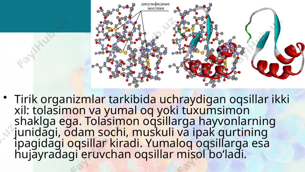 uning tarkibida temir atomi mavjud. nukleoproteinlar oqsil va nuklein kislotalarning birikishidan hosil bo‘lgan murakkab birikmalardir. ular barcha tirik organizmlarning tarkibida uchraydi va yadro hamda sitoplazmaning ajralmas qismi hisoblanadi. savol va topshiriqlar 1. oqsillar qanday shakllarda uchraydi? 2. qondagi gemoglobin oqsili qanday shaklga ega? 3. denaturatsiya hodisasida oqsil qanday xususiyatini yo‘qotadi? 4. nima uchun oddiy oqsillar deyiladi? image2.jpeg image3.gif image4.jpeg image5.gif image6.gif image7.png image8.gif image9.jpeg image10.png image11.gif image12.png image13.jpeg image1.jpeg