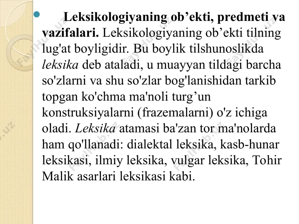 ikning (so'zning) o'zaro aloqada bo'lgan ikki tomoni ekanligi aytiladi. boshqa manbalarda esa leksema so'zning ifoda planigina emas, balki uning ifoda ya mazmun planlari birligidan iborat yaxlit butunlik ekanligi ta’kidlanadi. bu butunlik nominativ funksiyadagi so'z yoki so'z birikmasi shaklida bo'ladi. u onomasiolologiyada tilning lug'at tarkibidagi bir komponent (vokabula) sifatida, semasiologiyada esa ma'lum ma'nolar tarkibidan iborat birlik (semantema) sifatida o'rganiladi. leksemalarning leksik birlik sifatidagi tavsifida quyidagi belgi-xususiyatlarning alohida o'rni bor: 1. har qanday leksema ikki tomonning - ifoda va mazmun planlarining (nomema va sememaning) birligidan tarkib topadi:. 2. leksemalarga xos muhim belgilardan yana biri shuki, ularning har biri u yoki bu leksik-grammatik guruhlarga mansub bo'ladi: predmet nomlari ot turkumiga, belgi-xususiyat nomlari sifat turkumiga, miqdor anglatuvchi so'zlar son turkumiga, harakat-holat mazmunli so'zlar esa fe’l turkumiga kiradi. 3. leksemalar albatta yaxlitlangan, bir butun birlik bo'ladi, shu xususiyati bilan grammatik shakllardan, so'zlar birikntasi va gapdan farq qiladi. chunonchi, maktab leksemasi leksik birlik sifatida o'zgarmasdir, ammo …