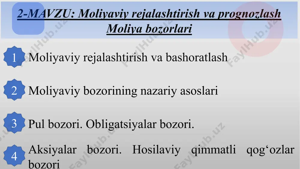 ashtirishning asosiy vazifalari esa quyidagilar hisoblanadi: korxonaning moliyaviy ahvoli, to‘lovga qobilligi va kreditga layoqatliligi ustidan nazorat o‘rnatish 5. 3. 4. moliyaviy rejalashtirishning asosiy vazifalari esa quyidagilar hisoblanadi: kapitalni samarali joylashtirish yo‘llarini aniqlash, undan oqilona va samarali foydalanishni baholash kontragentlar bilan optimal moliyaviy munosabatlarni o‘rnatish moliyaviy rejalashtirish amaliyotida quyidagi asosiy metodlardan foydalanish mumkin: • iqtisodiy tahlil metodi; • normativ metod; • balansli hisob-kitoblar va pul oqimlari metodi; • ko‘p variantlilik metodi; moliyaviy rejalashtirishning ikki turi bo‘lishi mumkin: strategik moliyaviy rejalashtirish joriy moliyaviy rejalashtirish moliyaviy rejalashtirishni moliyaviy bashoratlashsiz tasavvur etib bo‘lmaydi. u yoki bu davr mobaynida davlatning mumkin bo‘lgan moliyaviy ahvolini (holatini) oldindan ko‘ra bilish va moliyaviy rejalarning ko‘rsatkichlarini asoslashga moliyaviy bashoratlash deyiladi. moliyaviy bashoratlash 2 ga ajratiladi: o‘rta muddatli (5-10 yillik) moliyaviy bashoratlash uzoq muddatli (10 yildan ortiq) moliyaviy bashoratlash moliyaviy bashoratlash moliyaviy rejalarni tuzish bosqichidan oldin sodir bo‘ladi. unda jamiyatning ma’lum bir davrdagi taraqqiyotiga bag‘ishlangan moliyaviy siyosatning konsepsiyasi ishlab chiqiladi. …