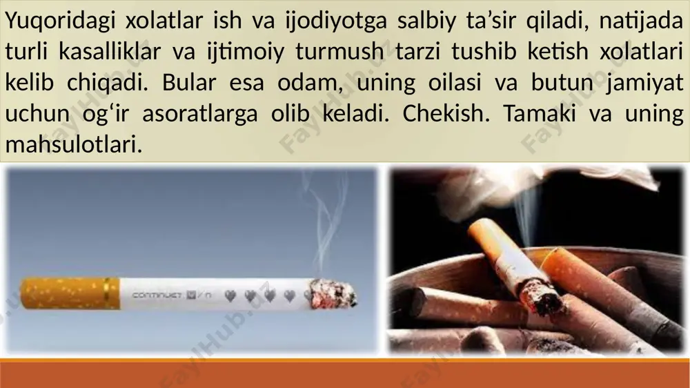 4. xaftasiga 1 kun chekmaslikni odat qiling mabodo sizda chekish istagi paydo bo‘lganda: 1. xar kuni sharbatlar iching. 2. yoqtirgan konfetingizni shiming. 3. yoki yeryong‘oq iste’mol qiling. 4. chekishni eslatuvchi narsalar - sigaret, kuldonni yashiring. 5. chekuvchilardan uzoqroq yuring. 6. xar kuni badantarbiya bilan shug‘ullaning. 7. tabiat qo‘ynida ko‘proq sayr qiling. 8. ovqat ratsioniga ko‘proq ko‘kat, sabzavot va sitrus mevalarni qo‘shing surunkasiga uzoq vaqt chekish kishining tez qarishiga sabab boʻladi. toʻqimalarning kislorod bilan yomon taʼminlanishi, mayda tomirlarning torayishi chekuvchilarning tashqi koʻrinishini oʻzgartirib yuboradi (koʻz oki va teri sargʻimtir tusga kiradi, soʻlgʻinlik paydo boʻladi). nafas yoʻllari shilliq pardasidagi oʻzgarish tovushga taʼsir etadi (tovush boʻgʻiqlashadi, odam xirillab nafas oladi). nikotin yoshlarga va keksalarga ancha salbiy taʼsir koʻrsatadi, chunki ularning nerv sistemasi nikotin taʼsiriga oʻta sezuvchan boʻladi e’tiboringiz uchun raxmat image2.png image3.png image4.png image5.png image6.jpeg image7.jpeg image8.jpeg image9.jpeg image10.jpeg image11.jpeg image12.jpeg image13.jpeg image14.png image15.png /docprops/thumbnail.jpeg