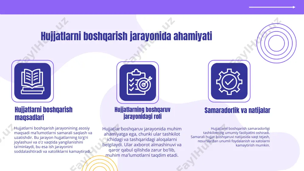 ko'p qo'llaniladigan dasturlar qatoriga microsoft office, google workspace va dropbox kiradi. ushbu platformalar hujjatlarni yaratish, tahrirlash va saqlash jarayonini soddalashtiradi. jamoaviy ish olib borish imkoniyatlari bilan birga, bu platformalar hujjatlarni muhokama qilish va tahrirlash jarayonlarini tezlashtirishga yordam beradi. hujjatlarni boshqarish bo'yicha tajribalar ko'plab tashkilotlar hujjatlarni boshqarishda turli yondashuvlarni qo'llagan. masalan, ba'zi kompaniyalar hujjatlarni raqamli formatda saqlashni tanlagan bo'lsa, boshqalari esa qog'oz shaklida saqlashni afzal ko'rishadi. har bir yondashuv o'z afzalliklari va kamchiliklariga ega bo'lib, bu tajribalar hujjatlarni boshqarish jarayonining samaradorligini oshirishda muhim rol o'ynaydi. shuningdek, hujjatlarni boshqarish jarayonida olingan tajribalar asosida tashkilotlar o'z usullarini takomillashtirishi mumkin. hujjatlarni yuritishda yuzaga keladigan muammolar asosiy muammolar hujjatlarni yuritishda uchraydigan muammolar orasida hujjatlarning yo'qolishi, noto'g'ri saqlanishi, va o'z vaqtida yangilanmasligi mavjud. bu muammolar tashkilot samaradorligini pasaytiradi va qaror qabul qilish jarayonini sekinlashtiradi, shuningdek, xodimlar o'rtasida noaniqliklar keltirib chiqaradi. muammolarni hal qilish usullari ushbu muammolarni hal qilish uchun hujjatlarni boshqarish tizimini optimallashtirish zarur. buning uchun …