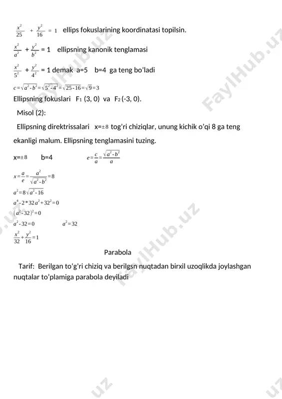 kazilgan urunmasi bo’ladi. kesuvchining yo’naltiruvchisi bu xam kesuvchining yo’naltiruvchisi bo’ladi. agar urunmani yo’naltiruvchisi bo’ladi. demak ning nuqtasiga o’tkazilga urunmasi ni ga qo’ysak nuqtasiga o’tkazilgan urunma tenglamasi. ellipsning nuqtasidan o’tuvchi urunma tenglamasi: parabolaning nuqtasidan o’tgan urunma tenglamasi: giperbolaning nuqtadan o’tuvchi urunma tenglamasi: image3.png image1.png image2.png