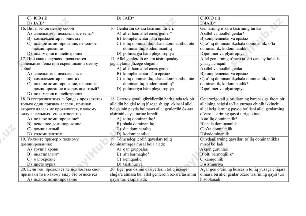 d)o’ta dominanlik 12. укажите генотип первой группы крови: a) iaia ямаса iai0(iai) b) ibib ямаса ibi0 (ibi) c) i0i0 (ii)* d) iaib 12. birinshi qan gruppasınıń genotipin kórsetiń: a) iaia yamasa iai0(iai) b) ibib yamasa ibi0 (ibi) c) i0i0 (ii)* d) iaib birinchi qon guruhlarining genotipini ko’rsating a)iaia yoki iaio (iai) b)ibib yoki ibio (ibi) c)ioio (ii)* d)iaib 13. укажите генотип второй группы крови: a) iaia ямаса iai0(iai)* b) ibib ямаса ibi0 (ibi) c) i0i0 (ii) d) iaib 13. ekinshi qan gruppasınıń genotipin kórsetiń: a) iaia yamasa iai0(iai)* b) ibib yamasa ibi0 (ibi) c) i0i0 (ii) d) iaib kkinchi qon guruhning genotipini ko’rsating a)iaia yoki iaio (iai)* b)ibib yoki ibio (ibi) c)ioio (ii) d)iaib 14. укажите генотип третий группы крови: a) iaia ямаса iai0(iai) b) ibib ямаса ibi0 (ibi)* c) i0i0 (ii) d) iaib 14. úshinshi qan gruppasınıń genotipin kórsetiń: a) iaia yamasa iai0(iai) b) ibib yamasa ibi0 (ibi)* c) …