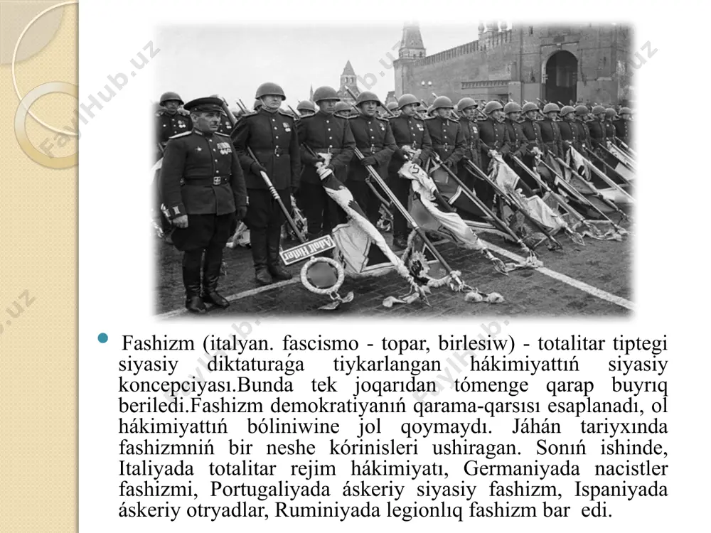 hám shep kórinistegi milliy háreketlerge tán. ideyalıq tiykarda qarama-qarsılıqlar kórinse de ("klass" yaki "millet") jámiyetti siyasiy mobilizaciyalaw jolları, terroristlik húkimdarlıq usılları jaģınan totalitar háreketler hám bolshevizm, stalinizm, "qızıl xmerler" hám basqa rejimler fashizmge jaqın turadı. demokratiyalıq tártipler bos bolgan sharayatta fashistlik tiptegi háreketler rawajlanıp, fashizmniń awır qáwipke aylanıw imkaniyatı saqlanıp qaladı. fashizm - mámleket basqarıwınıń terrorshı totalitar túri, húkimdar toparlardıń eń reakciyalı hám agressiv kúshleriniń mápin kórsetiwshi aģım. ol dáslep evropada (italiya) júzege kelgen. "fashizm" ataması "fashio" sózinen alıngan bolip, "topar," "birlespe" degen mánilerdi fashizmniń mánisin anlatadi. 1919-jılı italiyada birinshi jáhán urısınıń burınģi áskerleri óz máplerin, huqıqların qorgaw ushın gúresetuģın shólkem dúzdi. bul shólkem "fashi di kombattimento" ("gúres awqamı," "quralllaslar gúres awqamı") dep atalgan. shólkem agzaları "fashistler," háreket bolsa "fashizm" atın algan, ol hár túrli jerlerde hár túrli at penen, máselen, germaniyada "natsistler" dep atalgan. onıń birinshi belgisi júdá millechilikti quraydı. fashistler ushın millet mápi basqa hár qanday máplerden ústin …