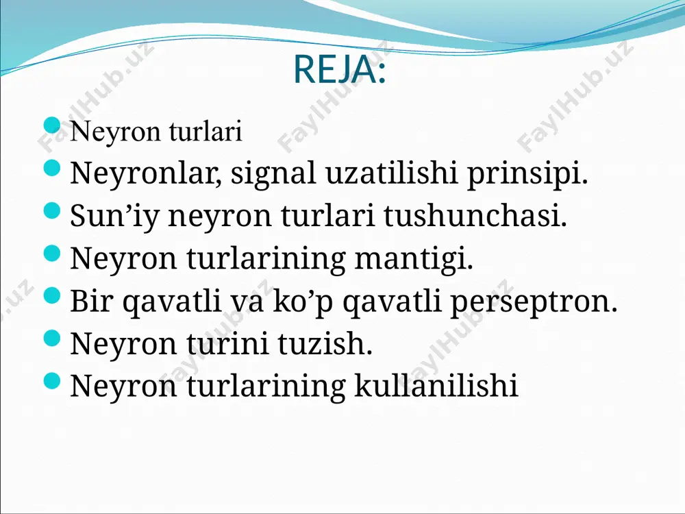 ishda ishtirok etadi. nerv sistemasidagi neyronlarning asosiy qismini multipolyar neyronlar tashkil etadi. bipolyar neyronlar ko’zning to’r pardasida, hid bilish a’zosida, hamda ichki quloqning chig’anoq va vestibulyar tugunlarda uchrab, mos ravishda ko’rish, hid bilish, eshitish va muvozanat saqlash kabi jarayonlarda ishtirok etadi. pseudounipolyar neyronlar umurtqalararo nerv tugunlarida (spinal nervlarning sezuvchi tugunlarida) hamda ko’pgina kalla nerv tugunlarida joylashgan. neyronlarning funksional klassifikatsiyasi: sezuvchi neyronlar afferent nerv deyilib, nerv impulslarni retseptordan qabul qiladi, ya’ni ulardagi nerv impulslari organdan miyaga qarab harakatlanadi. motoneyronlar (harakatlantiruvchi neyronlar) efferent nerv deyilib, impulsni ichki a’zolarga yetkazib beradi, ya’ni nerv impulslarini miyadan organlarga tomon yetkazadi. somatik motoneyronlar odam ixtiyoriga bo’ysunadigan neyronlar bo’lib, skelet muskullarini innervatsiya qiladi. avtonom motoneyronlar esa odam ixtiyoriga bo’ysunmaydi. ular bezlar, yurak mushaklari va silliq tolali mushaklarni innervatsiya qiladi. oraliq neyronlar sezuvchi va motoneyronlarni o’zaro bog’laydi va refleks yoyi hosil bo’lishida ishtirok etadi. o’simtalari soniga ko’ra oraliq neyronlar multipolyar va anaksonal bo’lishi mumkin. oraliq neyronlar barcha mns …