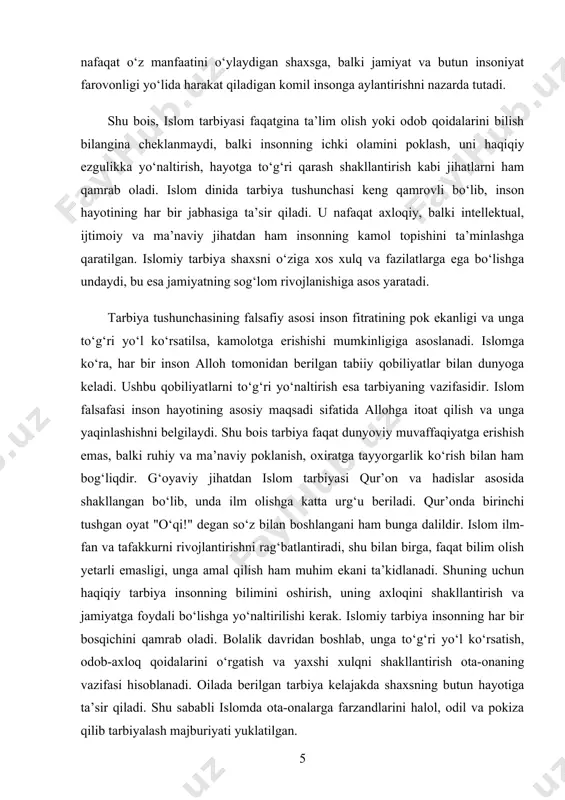 alohida maqomga ega ekani qayd etiladi. axloqiy poklik va ezgulik qur’onda muhim o‘rin egallaydi. inson odil bo‘lishga, ezgulik qilishga va saxovatli bo‘lishga chaqiriladi. qur’on insonni halollik, to‘g‘rilik va adolat bilan yashashga undaydi. yolg‘onchilik, buhtonga guvoh bo‘lish va aldov kabi illatlar qoralangan. tarbiyada sabr va bardoshlilik muhim ahamiyatga ega. hayotdagi sinovlarga bardosh berish, mashaqqatlarga sabr bilan munosabatda bo‘lish, qiyinchiliklar oldida qat’iylikni saqlash insonni yuksak darajaga yetkazadi. oila tarbiyaning markazi hisoblanadi. ota-onalar farzandlarini yaxshi axloq va odob bilan tarbiyalashga mas’uldirlar. qur’onda farzandlarni himoya qilish, ularga yaxshi tarbiya berish va ularni har tomonlama qo‘llab-quvvatlash kerakligi ta’kidlangan. adolat va halollik qur’onda asosiy qadriyatlardan biridir. insonning jamiyatdagi o‘rni, uning boshqalarga qanday munosabatda bo‘lishi adolat bilan baholanadi. odamlar orasida hukm qilinayotganda to‘g‘ri va adolatli qaror chiqarish, halollikni saqlash islomning muhim tamoyillaridan biridir. hadislar tarbiyaning amaliy jihatlarini o‘z ichiga oladi. payg‘ambar muhammad (s.a.v.) ilm olishni har bir musulmon uchun majburiy ekanini ta’kidlagan. ilm odamni yuksak maqomga olib …