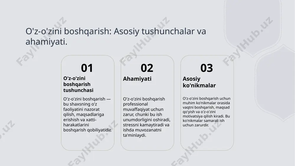 dasturlar ish unumdorligini oshirishga yordam beradi, vazifalarni osonlashtiradi. motivatsiya va ish faoliyatini oshirish usullari. motivatsiya va ish faoliyatini oshirish uchun quyidagi usullarni qo'llash muhimdir: maqsadlarni aniq belgilash, o'z-o'zini rag'batlantirish, va samarali vaqt boshqaruvi. ushbu usullar ish jarayonida yuqori natijalarni ta'minlaydi va professional rivojlanishni qo'llab-quvvatlaydi. photo by trude jonsson stangel on unsplash maqsad qo'yish va ularni amalga oshirish strategiyalari. maqsadni aniqlash maqsadlarni aniqlash jarayoni, shaxsiy va professional rivojlanishda asosiy o'rin tutadi. bu, asosiy ustuvorliklarni belgilashga yordam beradi. smart usuli smart (aniq, o'lchovli, amalga oshiriladigan, rejalashtirilgan, vaqtga bog'liq) usuli maqsadlarni belgilashda samarali yondashuvni ta'minlaydi, natijalarni aniq o'lchash imkonini beradi. amalga oshirish rejalari maqsadlarni amalga oshirish uchun reja tuzish muhimdir. har bir maqsad uchun aniq qadamlar va muddatlar belgilanishi kerak. doimiy baholash amalga oshirish jarayonida doimiy baholash, maqsadlarni kuzatish va zarurat tug'ilganda tuzatishlar kiritish imkonini beradi, bu esa samarali o'z-o'zini boshqarish uchun zarur. o'z-o'zini rag'batlantirish: samarali usullar va texnikalar. 01 o'z-o'zini anglash o'z-o'zini …
