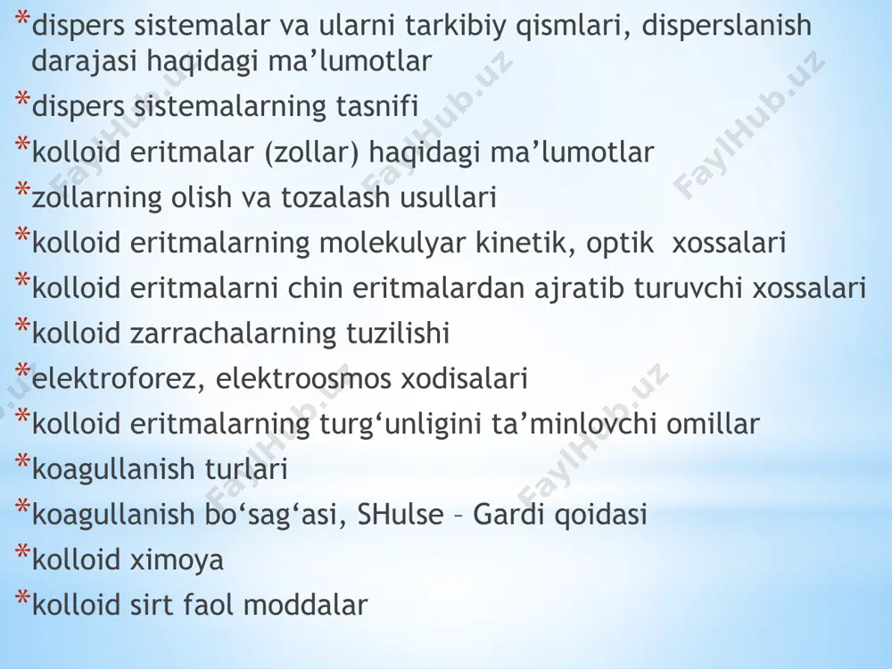 ar qatoriga elektrolitlar va noelektrolitlarning chin eritmalari kiradi. albumin, oqsil, qon plazmasi, limfa, orqa miya suyuqligi va boshqalarning eritmalari kolloid-dispers sistemalarga misol bo‘ladi. dag‘al dispers sistemalar qatoriga suspenziyalar, emulsiyalar, aerozollar, ko‘piklar misol bo‘la oladi. liofil va liofob zollar kolloid eritmalar yana zollar deb ham yuritiladi. dispers muxitni tashkil qiluvchi erituvchi tabiatiga, ya’ni suv, spirt, benzol yoki efir bo‘lishiga qarab, kolloid eritmalar gidrozollar, alkozollar, benzozollar, eterozollar kabi bir qator guruxlarga bo‘linadi. dispers faza va dispers muxit zarrachalarning o‘zaro ta’sirlanish xarakteriga qarab dispers sistemalar liofil (grekcha lio-eritaman, philia-yaxshi ko‘raman demakdir) va liofob (phobia-yoqtirmaslik demakdir) turlariga bo‘linadi. liofil sistemada dispers muxit suv bo‘lsa, bunday sistemalar gidrofil deyiladi. masalan, sovunlar, oqsillar, kraxmal, agar-agar va boshqalarning eritmalari leofildir. liofob sistemalarda dispers muxit va dispers fazalarning molekulari o‘zaro ta’sirlanishi juda kuchsiz bo‘ladi. dispers muxiti suv bo‘lgan liofob sistemalar gidrofob deb ataladi. masalan, temir, oltin, margimush sulfidi, kumush xloridi va boshqalarning zollari gidrofob zollardir. kolloid eritmalar disperslik …