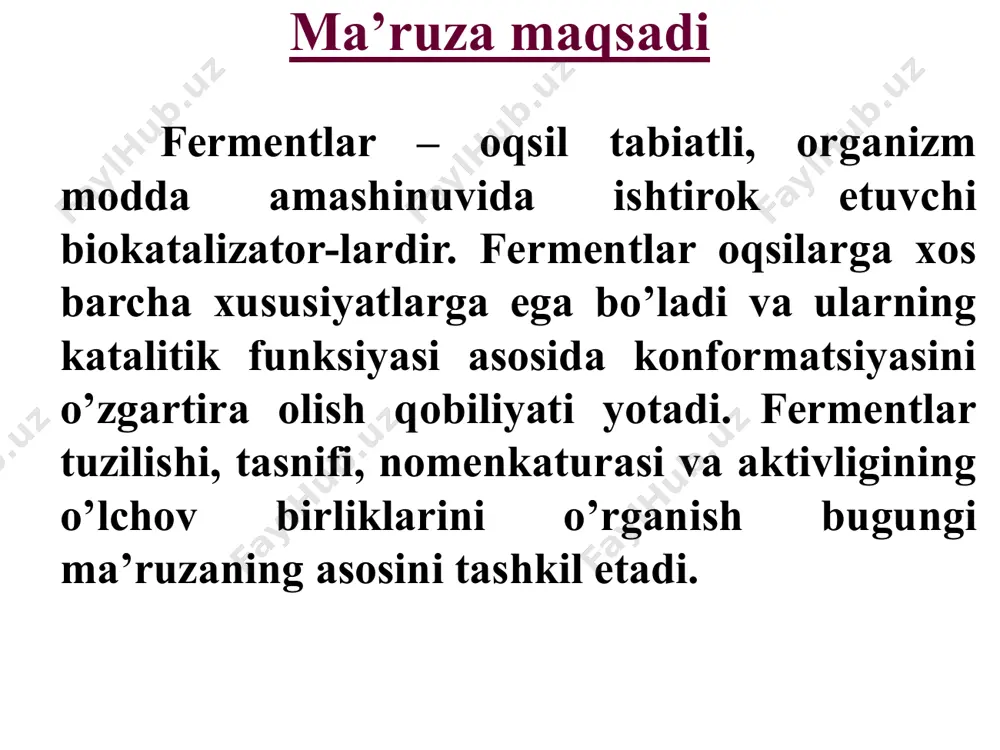 markazlar hosil bo’ladi: каталитик суббирлик бошқарувчи суббирлик коfaktorlar sifatida noorganik (metall ionlari, temir-oltingugurtli klasterlar va b.) yoki organik (flavin, gem va b.) moddalar qatnashishi mumkin. оrganik kofaktorlar, ferment bilan mustahkam bog’langan bo’lsa prostetik guruh deb nomlanadi. organik tabiatli kofaktorlar fermentdan oson ajraladigan bo’lsa, kofermentlar deb ataladi. metall ionli kofaktorlar metall ionlari quyidagi funksiyalarni bajaradi: а) substrat molekulasini stabilizatori; в) fermentning faol markazi stabilizatori; с) oqsil tabiatli fermentning konformatsiyasini stabillashtiradi. geksokinaza ishtirokida glukozo-6-fosfat hosil bo’lishida mg2+ ionlari substratning stabiliza-tori, atf molekulasining faol markazga biriki-shi va “mos” oriyentatsiyasini, fosfodiefir bog’-larini kuchsizlantirib, ularning oson uzilishini va glukozaga tashilishini ta’minlab beradi mg2+-atf - kompleksi коferment коferment – bu fermentning to’g’ridan-to’g’ri substrat bilan ta’sirashadigan faol qismi hisoblanadi. koferment oqsil qism bilan kovalent yoki nokovalent bog’lar bilan bog’langan bo’ladi kofermentlarning kimyoviy tabiati va funksiyalari vitamin hosilalari (в1, в2, в6, в12, с, н va b.); gem, sitoxromlar, katalazalar, peroksidazalar, guanilatsiklazalar, no-sintazalar tarkibida fermentlarning prostetik guruhi sifatida; nukleotidlar …