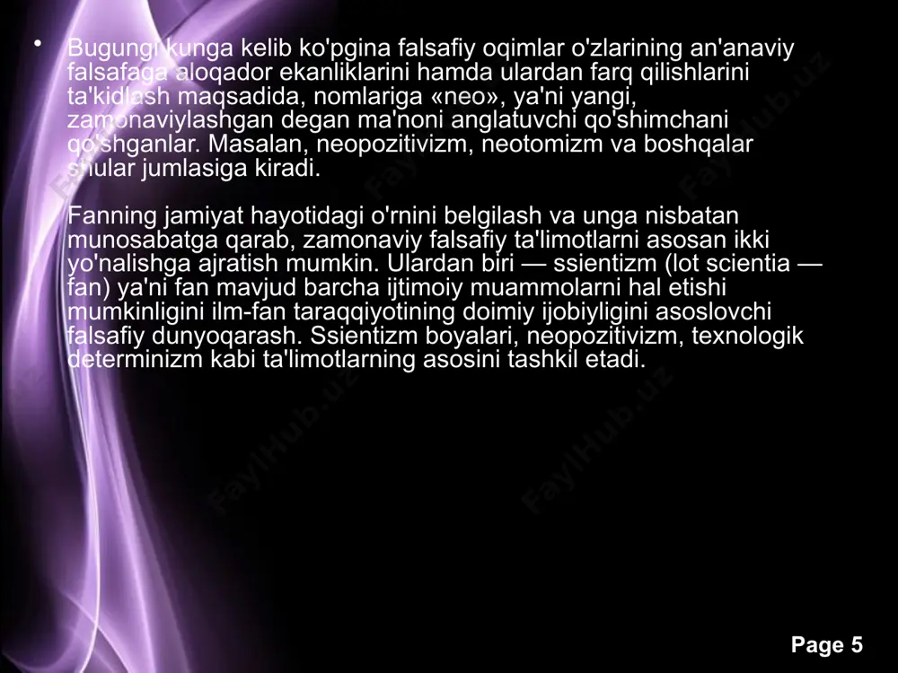 larga ko'ra, jamiyat tarixi — o'ziga xos madaniyatlarning birligi emas, xilma-xilligidan iborat page ‹#› shu ma'noda u organik tabiatdagi hayot shakllarining rang-barangligiga qiyoslanadi. demak, tabiat qanday xilma-xillikning birligi bo'lsa, jamiyat ham ana shunday rang-baranglikning uybunligidir. jamiyatda ham hamma va har bir narsaning o'z o'rni bor. page ‹#› yangi davr falsafasida tarqalgan ana shunday oqimlardan biri marksizm bo'lib, uning asoschisi nemis iqtisodchisi va faylasufi k. marksdir (1818 — 1883). uning ijtimoiy falsafasi kapitalizmda sinfiy kurashning mutlaq antogonizm darajasiga ko'tarilishi, oxir-oqibat proletariat diktaturasining o'rnatilishi va shu yo'l bilan sinfsiz jamiyatga o'tishni tarbib qiladigan va real hayotni aks ettirmaydigan nazariyadir page ‹#› image2.jpeg image3.jpeg image4.jpeg image5.jpeg image6.jpeg image7.jpeg image8.jpeg image9.jpeg image10.jpeg image11.jpeg image12.jpeg image1.jpeg hands on a globe /docprops/thumbnail.jpeg