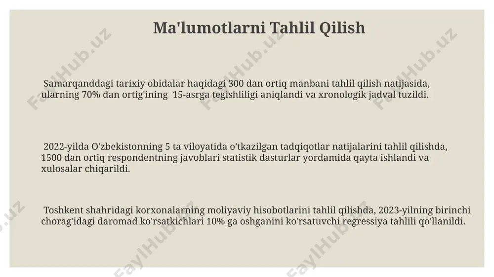a noqonuniy kirishdan himoya qiladi. samarqand viloyatidan olingan 5000 dan ortiq hujjatlarning xavfsiz saqlanishi va ularga kirishni nazorat qilish uchun maxsus dasturiy ta'minot va 3 bosqichli autentifikatsiya tizimi ishlab chiqildi. farg'ona vodiysidagi 10 ta kompaniyadan olingan ma'lumotlarni umumlashtirishda shaxsiy ma'lumotlarning himoyasi bo'yicha 2018-yilgi qonun talablariga qat'iy rioya qilindi, bu esa 5000 dan ortiq shaxsning huquqlarini himoya qildi. sifat nazorati сифатли назорат механизмларини жорий этиш 10 та туман бўйича ўртача 15% га маҳсулот чиқишини оширди ва 2 млн сўм тежамга олиб келди. назоратнинг сифатлилигини баҳолашда 2023 йилда тошкент шаҳридаги 5 та корхонада ўтказилган текширувлар натижалари 30% га яхшиланишини кўрсатди. навоий вилоятидаги 7 та заводда амалга оширилган назоратнинг самарадорлигини ўрганиш 20% хатоларни аниқлаш имконини берди ва ишлаб чиқариш жараёнларини 5% га оптималлаштирди. grafik va jadvallardan foydalanish jadvallardan foydalanib, samarqand viloyatining 3 ta tumanida 2022 va 2023 yillarda hosilning o'sishi (kg/ga) miqdorini aniq va tushunarli ko'rsatish mumkin. grafiklar yordamida andijon viloyatidagi 10 ta …