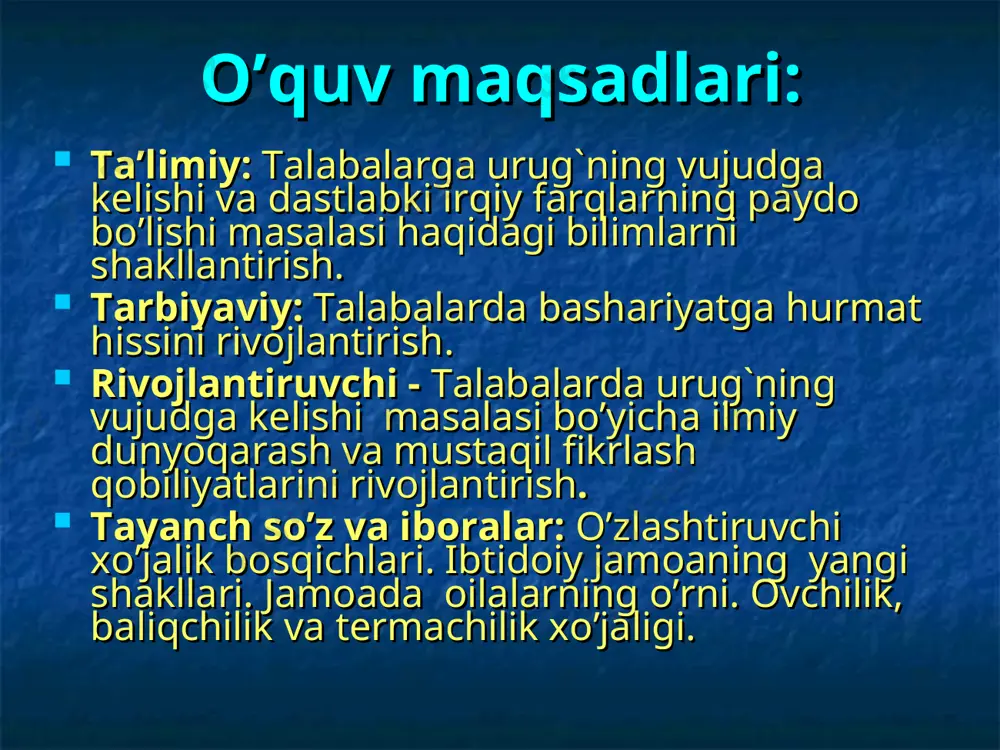 iyat qanday ataladi? garpunlar qaysi davrdan qo`llanila boshlaydi? so`nggi palеolitning tabiy sharoitlari? so`nggi palеolit odamlarining mеhnat qurollari, turar joylari va o`rnashishlari? 2. urug`ning vujudga kеlishi va dastlabki irqiy farqlar. so`nggi palеolit davrida hozirgi jismoniy qiyofadagi odamlar shakllanadilar. tikka yurish, o`ng qo`l bilan ish qilish, tafakkurning o`sishi va nutqning rivojlanishiga mеhnat va go`shtli ovqat salmog`ining tobora oshuvi, gala a'zolari o`rtasidagi jinsiy munosabatlarning chеklanishi, yaqin qarindosh bilan jinsiy aloqada bo`lish zararining bartaraf etilishi, ya'ni nikohda ekzogamiya (tashqari nikoh) tartibining joriy qilinishi bilan bog`liqdir. ekzogamiyada bir guruh odamlar kollеktivining erkaklari bilan boshqa odamlar kollеktivining ayollari nikohlangan. so`nggi palеolit odami asosan еvropada, osiyo va afrikada shakllangan еvropеoid, mongoloid, nеgroid irqlar orqali gavdalantirilgan. еvropoid- kromanonliklar orqali gavdalantirilgan. mongoloid- krasnoyarsk yaqinidagi afontov ii tog`i manzilgohida topilgan bosh suyagida va chjoukoudyan yuqori g`oridan topilgan bosh suyaklarida ayon bo`ldi nеgroid- grimaldiliklar. irqlar odamlarning tarixan tarkib topgan turlaridir. ular irsiy jihatdan tiklanadigan jismoniy bеlgilarga ega bo`lib, xuddi bir tipdagi …