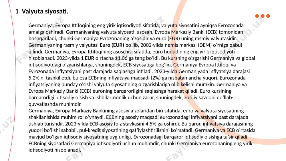 germaniya hukumati va evropa markaziy banki inflyatsiyani boshqarish uchun turli iqtisodiy siyosatlar va foiz stavkalarini oshirishni davom ettirmoqda. 2024-yil uchun inflyatsiya prognozlari 3-4% atrofida bo‘lishi kutilmoqda. ... t.me/slaydai_bot to'lov balansi iqtisodiy faoliyatda mamlakatning xorijiy savdo, investitsiyalar va boshqa xalqaro moliyaviy operatsiyalarini ko'rsatuvchi muhim iqtisodiy ko'rsatkichdir. germaniya evropa ittifoqining eng yirik iqtisodiyoti sifatida, to'lov balansining aktiv holatida bo'lishi bilan mashhur. germaniyaning to'lov balansi, asosan eksport va import, to'g'ridan-to'g'ri xorijiy investitsiyalar, va boshqa moliyaviy oqimlar bilan bog'liq. 2023-yilning 3-choragida germaniya to'lov balansining faoliyati + 11.6 milliard evro bo'ldi. bu ko'rsatkich, asosan germaniyaning eksport hajmining ortishi va xorijiy investitsiyalar oqimining barqarorligi natijasida o'sdi. germaniya 2023-yilning yanvar-sentabr oylarida 1.5 trillion evro miqdorida eksport amalga oshirdi, import esa 1.3 trillion evroni tashkil etdi. bu savdo balansi bo'yicha germaniya 200 milliard evrodan ortiq aktivni qo‘lga kiritdi. germaniyaning xorijiy investitsiya oqimlari 2023-yilning boshidan boshlab +50 milliard evroga oshgan. germaniya iqtisodiyotiga xarici investitsiyalar asosan sanoat, texnologiyalar va energiya …