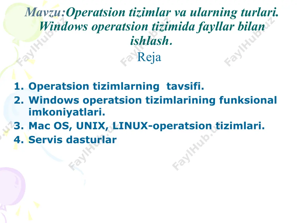 ing tashkil etuvchilari oddiy kiritish-chiqarishni ta’minlovchi dastur - bios. ot ni yuklovchi dastur - ipl murakkab kiritish-chiqarishni ta’minlovchi dastur - io.sys va ms dos.sys; buyruq prosessori, kiritilgan buyruqlarni qayta ishlovchi dastur - command.com. 6 mac os x operatsion tizimi macintosh firmasi kompyuterlar ishlab chiqarishni boshlagandan keyin, 1984 yildan boshlab apple firmasining mac os x operatsion tizimini ishlab chiqish boshlandi. mac os x macintoshning oldingi versiyalari barcha imkoniyatlarini o‘z ichiga olib, sifatli tasvir belgilari, elektron pochta, on-layn haridlar, optik disklarga yozish va kengaytirilgan multimedia imkoniyatlarini o‘z ichga oladi mac os x dasturining funksiyalari ish stol yangi qidiruv texnologiyasi gadjetlar deb atalgan ish stolidagi instrementlar paneli ichki tezkor veb-brauzer ota-ona nazorati mashina vaqti deb atalgan ishlab chiqilgan zaxira dasturi 3-d shaxsiy video va audio konferensiya spam xabarlarni bartaraf etuvchi filtr dasturi bluetooth smartfon boshqa mobil qurilmalar bilan ishlovchi kontaktlar ro‘yxati internetda muzika eshituvchi yoki video ko‘ruvchi quick time ning eng oxirgi versiyasi …