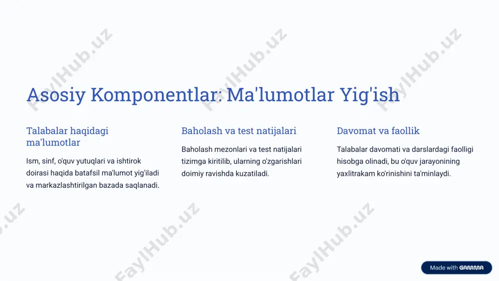 un ai texnologiyalari. individual o'quv yo'nalishlari har bir talabaga mos o'qish dasturini belgilash imkoniyatlari kengayadi. materiallarni avtomatik moslashtirish o'quv resurslari talaba bilim darajasiga qarab avtomatik tarzda yangilanadi va moslashadi. https://gamma.app/?utm_source=made-with-gamma xulosa nazorat tizimi ta'lim sifatini oshirishda muhim vosita hisoblanadi. zamonaviy texnologiyalar yordamida samarali o'quv jarayoni tashkil etilishi mumkin. bu esa kelajakda ta'lim tizimini yangi bosqichga olib chiqish uchun keng imkoniyatlar yaratadi. yangi tizimlar talaba va o'qituvchi ehtiyojlarini hisobga olgan holda yanada rivojlantiriladi va ta'lim jarayonini soddalashtiradi, innovatsiyalarni rag'batlantiradi. https://gamma.app/?utm_source=made-with-gamma
