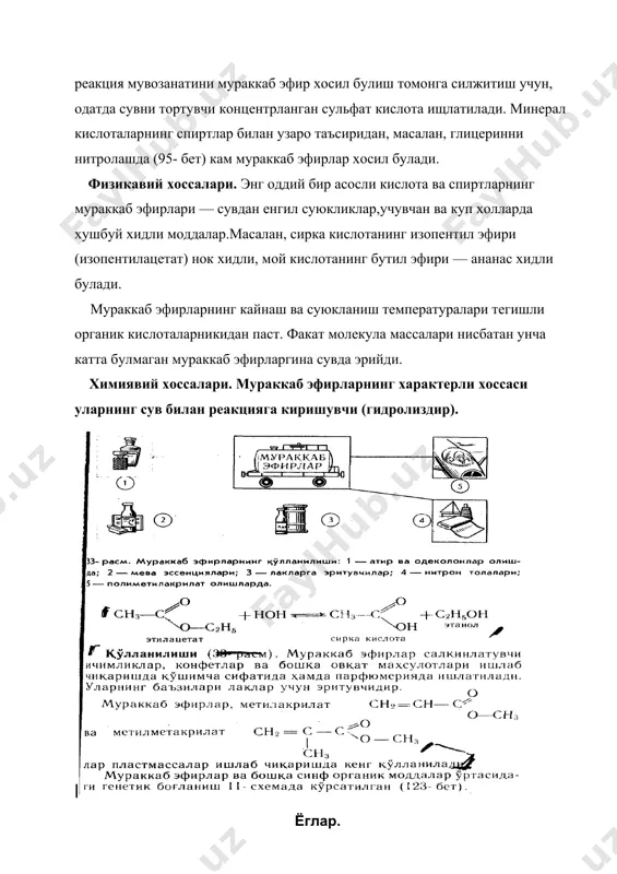 ади). суюк ёглар асосан юкори молекулали туйинмаган карбон кислоталар — олеин с17н33соон, линол с17н31cooh ва линолен с17н29cooh кислоталардан хосил булган. ёглар углеводородлар ва оксиллар билан бир каторда хайвон ва усимликлар организми таркибига киради. улар инсон ва хайвонлар овкатининг асосий таркибий кисмидир. ёглар организмда оксидланиб, углеводлар ва оксиллар оксидланганидагига нисбатан анча куп энергия ажратиб чикаради. ёглар овкат хазм килиш органларига тушганида ферментлар таъсирида гидролизланиб, глицерин ва тегишли карбон кислоталарга ажралади: o o ch2-o-c ho-h ch2-oh r1-c r1 oh o o ch-o-c + ho-h ch - oh + r2-c r2 oh o o ch2-o-c ho-h ch2-oh r3-c r3 oh r1, r2 ва r3 радикаллар бир вактнинг узида турли карбон кислоталар хосил булишини ифодалайди. гидролиз махсулотлари ичак пардаларига шимилиб, сунгра ундан шу организмга мансуб булган бошка ёглар синтез булади: ёглар кон окими билан бошка органларга ва организм тукималарига утади у ерда йигилади ёки кайтадан гидролизланади ва аста-секин углерод (iv)-оксид ва сувгача оксидланади. физикавий …