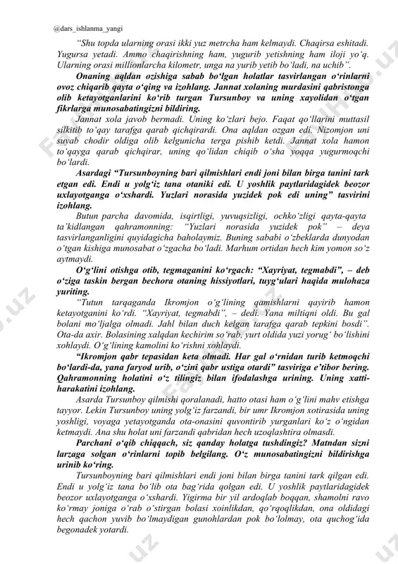 nboy yana labini yalab. romandan olingan quyidagi parchadagi: “turna qanotida bu cho‘llarga bahor olib keldi-yu, ammo tursunboyning qalbida uyulib, muz bitib yotgan qorni eritolmadi. unga bahor kelmadi” izohini sharhlang. romanda inson ruhiyati bilan tabiat holati o‘rtasidagi munosabat qanday aks ettirilgan? bahor kelishi bilan cho‘lda ham ish qizirdi. “egilgan boshni qilich kesmas”, deb xalqdan, vatandoshlaridan kechirim so‘rab urushga ketsa, jang qilib yuzi yorug‘ bo‘lsa, uni, albatta, vatan ham, zebi ham kechirardi. lekin tursunboy bunday qilmadi. qalbidagi muz shunga ishora. bir paytlar ko‘ngil qo‘ygan qizga tursunboyning begonaligi ifodalangan tasvirni asardan topib yozing. “shu topda ularning orasi ikki yuz metrcha ham kelmaydi. chaqirsa eshitadi. yugursa yetadi. ammo chaqirishning ham, yugurib yetishning ham iloji yo‘q. ularning orasi millionlarcha kilometr, unga na yurib yetib bo‘ladi, na uchib”. onaning aqldan ozishiga sabab bo‘lgan holatlar tasvirlangan o‘rinlarni ovoz chiqarib qayta o‘qing va izohlang. jannat xolaning murdasini qabristonga olib ketayotganlarini ko‘rib turgan tursunboy va uning xayolidan o‘tgan fikrlarga …