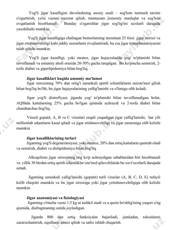 ligiga chalingan bemorlarning taxminan 25 foizi jigar sirrozi va jigar etishmovchiligi kabi jiddiy asoratlarni rivojlantiradi, bu esa jigar transplantatsiyasini talab qilishi mumkin. yog'li jigar kasalligi, yoki steatoz, jigar hujayralarida yog' to'planishi bilan tavsiflanadi va umumiy aholi orasida 20-30% gacha tarqalgan. bu ko'pincha semirish, 2-toifa diabet va giperlipidemiya bilan bog'liq. jigar kasalliklari haqida umumiy ma'lumot jigar sirrozining 70% dan ortig'i surunkali spirtli ichimliklarni suiiste'mol qilish bilan bog'liq bo'lib, bu jigar hujayralarining yallig'lanishi va o'limiga olib keladi. jigar yog'li distrofiyasi, jigarda yog' to'planishi bilan tavsiflanadigan holat, aqshda kattalarning 25% gacha bo'lgan qismida uchraydi va 2-toifa diabet bilan chambarchas bog'liq. virusli gepatit, a, b va c viruslari orqali yuqadigan jigar yallig'lanishi, har yili millionlab odamlarni kasal qiladi va jigar etishmovchiligi va jigar saratoniga olib kelishi mumkin. jigar kasalliklarining turlari jigarning yog'li degeneratsiyasi, yoki steatoz, 20% dan ortiq kattalarni qamrab oladi va semirish, diabet va dislipidemiya bilan bog'liq. alkoqolizm jigar sirrozining eng ko'p uchraydigan …