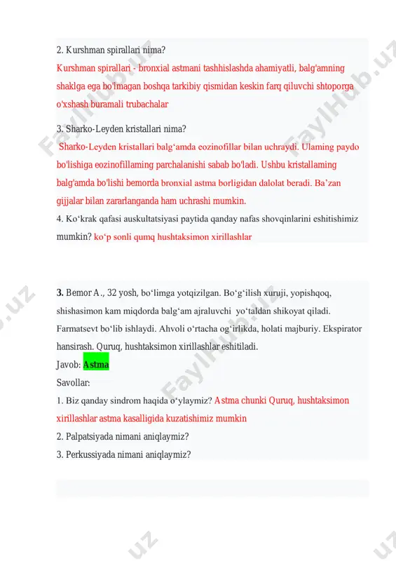 ‘am ajraluvchi yo‘taldan shikoyat qiladi. farmatsevt bo‘lib ishlaydi. ahvoli o‘rtacha og‘irlikda, holati majburiy. ekspirator hansirash. quruq, hushtaksimon xirillashlar eshitiladi. javob: astma savollar: 1. biz qanday sindrom haqida o‘ylaymiz? astma chunki quruq, hushtaksimon xirillashlar astma kasalligida kuzatishimiz mumkin 2. palpatsiyada nimani aniqlaymiz? 3. perkussiyada nimani aniqlaymiz? 4. klinikaga isitma 39-40 s gacha ko‘tarilgan, titroq bilan bemor yotqizilgan. bu shikoyatlar 2 soat oldin, sovuq qotishdan keyin boshlangan. kam balg‘am ajraluvchi yo‘tal. ko‘krak qafasining chap yarmi nafas olish aktidan orqada qoladi. chap tomonlama ovoz dirillashi va bronxofoniya kuchaygan. auskultatsiyada bronxial nafas. javob: krupoz savollar: 1. qanday patologik jarayonni tasavvur qilishingiz mumkin? krupoz chunki krupozni ilk bosqichida juda aniq namoyon bo’ladi to'satdan sovqotish, tana harorati 39-40 c gacha ko’tarilashi qayd etilgan 2. 2 kundan keyin auskultatsiyada nimani eshitamiz? auskultatsiyada yallig'langan soha ustida kuchsiz vezikulyar nafas (ko'pincha bronxial tusda), boshlang‘ich krepitatsiya (crepitatio indux), shuningdek plevra ishqalanish shovqini eshitiladi. 3. qanday tekshiruvlar o‘tkazish kerak? qonning umumiy …