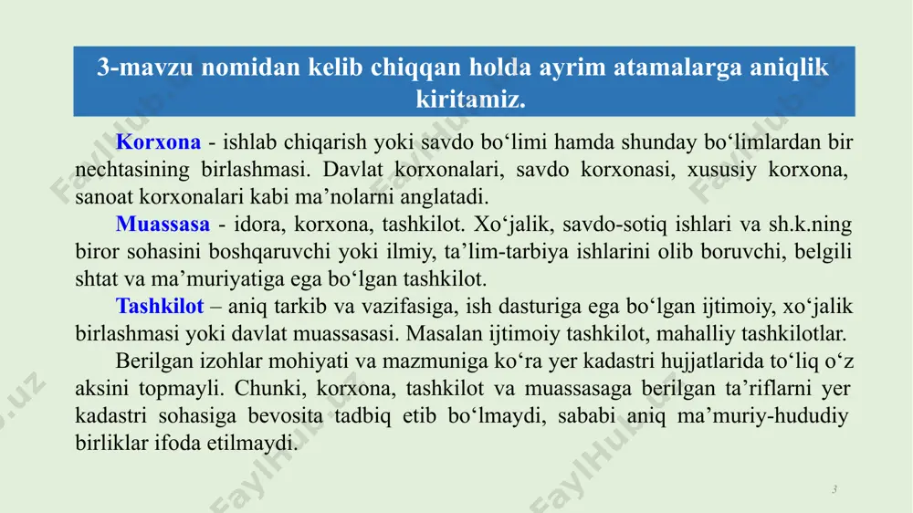 o’zga yerdan foydalanuvchilar tuman va davlat zaxira yerlari mfy tuman yer kadastri axborot bazasi 9 tuman yer kadastri axborot bazasining manbalari yer kadastri mfy hududida faoliyat yuritayotgan qishloq xo‘jalik korxonasining asosiy xisob turlaridan biri sifatida namoyon bo‘ladi. shu sababli ham u alohida olingan holda emas, balki tezkor - texnik va buxgalteriya hisob-kitoblari bilan birga majmuali tarzda qaralishi zarur. yer kadastri iqtisodiyot tarmoqlaridagi boshqa xisoblarni yerdan foydalanuvchi subyektlaridagi mavjud bo‘lgan yer fondi, yer turlarining tarkibi, ularning sifat xolati, yer maydonlarining bahosi to‘g‘risidagi ma’lumotlar bilan ta’minlaydi. mfy hududida yer kadastri 10 ushbu maqsadalar uchun plan-xarita va xujjatlaridan keng qishloq va o‘rmon tarzda xo‘jaligi yozma-matn foydalaniladi. korxonalarida ushbu yer kadastri hujjatlarini shakllantirishda o‘ziga hos hususiyatlarga ega. masalan, ularga biriktiriladigan maydonlarning nisbatan katta hajmlarda va xo‘jalik hisobida tezkor-texnik va buxgalteriya xisoblari yerdan foydalanishni tavsiflaydigan iqtisodiy, agrotexnik va boshqa ko‘rsatgichlarga ega ekanligidan dalolat berishini ko‘rsatadi. mfy hududida yuritiladigan yer kadastri 11 ushbu tarmoqlardagi yefslar bo‘yicha, …