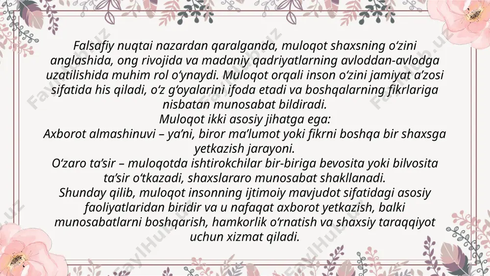 g asoslari va zamonaviy talablari. toshkent: sharq. 6. berlo, d. k. (1960). the process of communication. new york: holt, rinehart and winston. (ingliz tilida) 7. littlejohn, s. w., & foss, k. a. (2008). theories of human communication. waveland press. (ingliz tilida) image1.png image2.png image3.png image4.png image5.png image6.png image7.png image8.jpeg psychologisttreatmentchildwithfamily