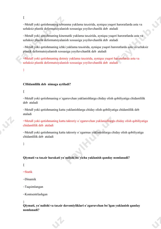 eb ataladi } chidamlilik deb nimaga aytiladi? { ~metall yoki qotishmaning o`zgaruvchan yuklanishlarga chiday olish qobiliyatiga chidamlilik deb ataladi ~metall yoki qotishmaning katta yuklanishlarga chiday olish qobiliyatiga chidamlilik deb ataladi =metall yoki qotishmaning katta takroriy o`zgaruvchan yuklanishlarga chiday olish qobiliyatiga chidamlilik deb ataladi ~metall yoki qotishmaning katta takroriy o`zgarmas yuklanishlarga chiday olish qobiliyatiga chidamlilik deb ataladi } qiymati va taъsir harakati yo`nalishi bo`yicha yuklanish qanday nomlanadi? { =statik ~dinamik ~taqsimlangan ~kontsentrlashgan } qiymati, yo`nalishi va taъsir davomiyliklari o`zgaruvchan bo`lgan yuklanish qanday nomlanadi? { ~statik =dinamik ~taqsimlangan ~kontsentrlashgan } qanday xususiyat namunalarni cho`zilishga sinash yo`li bilan aniqlanmaydi? { ~mustaxkamlik chegarasi ~quvchanlik chegarasi ~proportsionallik chegarasi =qattiqlik } payvandlash vannasining kristallanish natijasida xosil bo`lgan payvand birikmaning bir qismi nima deb ataladi? { ~asosiy metall ~qo`shimcha metall =payvand chok ~payvandlash materiali } payvand birikmalar-ning qaysi turlari bo`lmaydi? { ~uchma-uchli ~burchakli =kesishgan ~tavrli } qaysi ko`rsatgich burchak chokni tavsifini keltiradi? { =katet o`lchami ~kuchlanish balandligi …