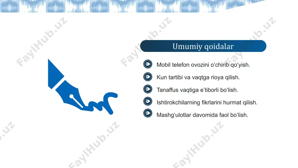 a farqlarga sabab bo‘ladi mening _____ im _____ do‘ppi kabi . sevimli narsalarim… kitoblar do‘stlarim 11 to‘siqlarni qanday bartaraf etdik? o‘quvchilar yaxshi ko‘radigan narsalarning ehtimoliy ro‘xati t taqdim etildi o‘quvchilar uchun tanlov imkoniyatlari yaratildi chap qo‘l bilan yozadiganlar uchun mo‘ljallangan partalar va boshqa ish joylari qo‘shildi; “do‘ppi” nima ekanini bilmaydiganlar uchun bilim olish usullari kiritildi metaforalar yaratishning bir nechta usullari o‘qitiladi kirish so‘zlar, birikmalar va gaplar taqdim etildi 13 har bir o‘quvchiga dars mazmuni yetib borishi uchun turli va qulay usullardan foydalanish kerak darsni o‘zlashtirishi o‘rtacha bo‘lgan o‘quvchi uchun rejalashtirilsa, boshqa barcha o‘quvchilar qolib ketadi 14 insonlardagi xilma-xillikni inobatga olib darsni rejalashtirish feruza miyaning asosiy uchta tarmog‘i jalb etish tarmog‘i taqdim etish tarmog‘i faoliyat va ifoda etish tarmog‘i miyaning “nima uchun” o‘rganaman degan savolga javob beradigan tizimi miyaning “nimani” o‘rganaman degan savolga javob beradigan tizimi miyaning “qanday qilib” o‘rganaman va qanday yetkazaman degan savolga javob beradigan tizimi jalb etishning turli …