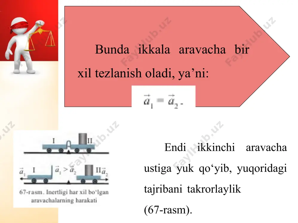 ali ikkita jism mavjud bo‘lsin. bu jismlar sistemasining massasi m = m1 + m2 ga teng bo‘ladi. agar sistema m1, m2, m3, . . , mn massali n ta jismdan tashkil topgan bo‘lsa, sistemaning massasi shu jismlar massalarining yig‘indisiga teng bo‘ladi: ushbu xossaga ko‘ra, massa modda miqdorining o‘lchovi vazifasini bajaradi. *