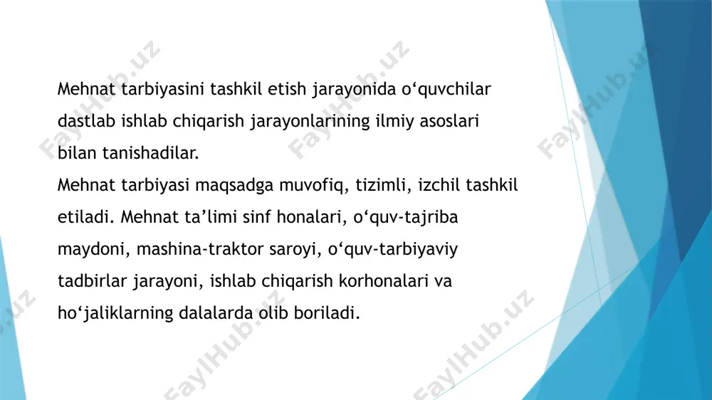 t va abstrakt mehnatga boʻlinishi yuz beradi. mehnat oʻzining mazmuni va harakteri jihatidan aqliy, jismoniy, malakali (murakkab) va malakasiz (oddiy) mehnatga boʻlinadi. aqliy mehnat — insonning tafakkur faoliyati. bunga muhandis, vrach, agronom, oʻqituvchi, olim va boshqa mehnati misol boʻladi. jismoniy mehnat — insonning jismoniy faoliyati. bunga ishchi, dehqon, kosib mehnati misol boʻladi. malakali mehnat maxsus tayyorgarlikni talab etadi. malakasiz mehnat maxsus tayyorgarlikni va qobiliyatni talab etmaydi, mas, yuk tashuvchi, farrosh, qorovul mehnat fantexnika taraqqiyoti taʼsirida mehnat vositalari mukammallashadi, xodimlarning mahorati, malakasi usadi, ishlab chiqarishni kompleks mexanizatsiyalash, avtomatlashtirish, axborotlar texnologiyasini keng joriy etish va uni tashkil etishni tubdan takomillashtirish natijasida mehnat mazmunining muntazam oʻzgarishi yuz beradi. mehnatda har bir xodimning uzluksiz taʼlim va madaniytexnikaviy saviyasi hamda malakasi ortib borib, ham ijtimoiy, ham yakka tartibdagi mexmat samaradorligining uzluksiz oʻsib borishi asosida aholining turmush darajasi oshadidur[1]. image1.png image2.png image3.png image4.png /docprops/thumbnail.jpeg