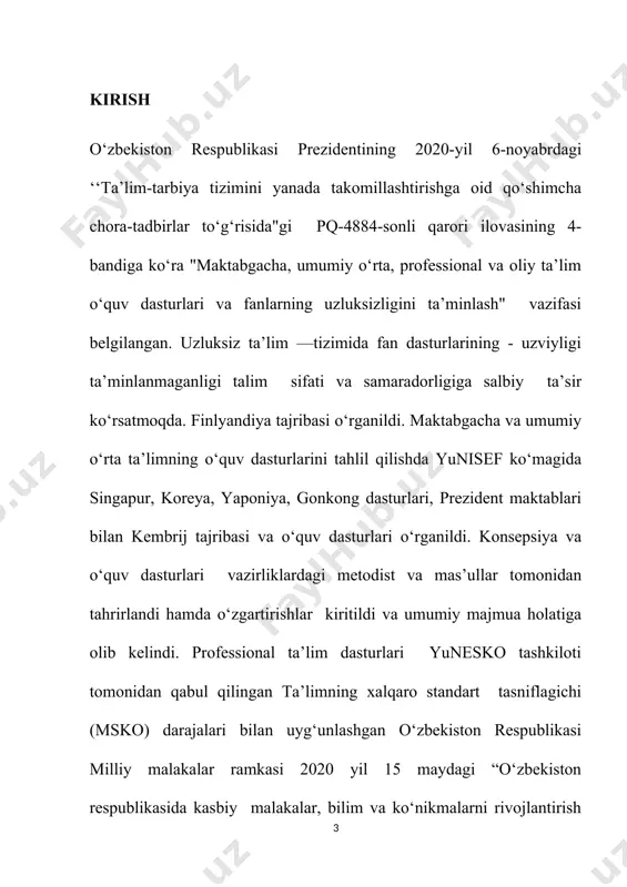 ntirish konsepsiyasini tasdiqlash to‘g‘risidagi pf-5847-sonli farmoni, 2020-yil 7-maydagi “matematika sohasidagi ta’lim sifatini oshirish va ilmiy-tadqiqotlarni rivojlantirish chora-tadbirlari to‘g‘risida”gi pq-4708-sonli qarori hamda o‘zbekiston respublikasi prezidentining 2020-yil 24-yanvarda oliy majlisga murojaatnomasida belgilangan vazifalari ijrosi yuzasidan ishlab chiqilgan. o‘zbekiston respublikasining “ta’lim to‘grisidagi qonuni 2020-yil 23-sentabrda tasdiqlandi. uning maqsadi fuqarolarga ta’lim-tarbiya berish, kasb-hunar o‘rgatishning huquqiy asoslarini va ta’lim sohasidagi davlat siyosatining asosiy prinsiplarini belgilash hamda har kimning bilim olishdan iborat konstitutsiyaviy huquqini ta’minlashdan iborat . mazkur konsepsiya maktabgacha, umumiy o‘rta, o‘rta maxsus, professional va oliy tallim tizimlarida matematika ta’limini rivojlantirishning asosiy tendensiyalarini belgilab beradi, jumladan: - matematika ta’limi me’yoriy hujjatlarini ta’lim sifati va kadrlar tayyorlashga qo‘yiladigan xalqaro talablarga muvofiqligini ta’minlash; - matematika ta’limi bo‘yicha maktabgacha, umumiy o‘rta va o‘rta maxsus, professional va oliy ta’lim tizimlari bitiruvchilariga qo‘yiladigan malaka talablarini uzviyligini ta’minlash hamda amaliyotga tatbiq etish; - matematika ta’limi mazmuni va mohiyatini sifat jihatidan yangilash, shuningdek, o‘qitishning yangi metodikalarini ishlab chiqish; -matematika ta’limi mazmuni, mustaqil …